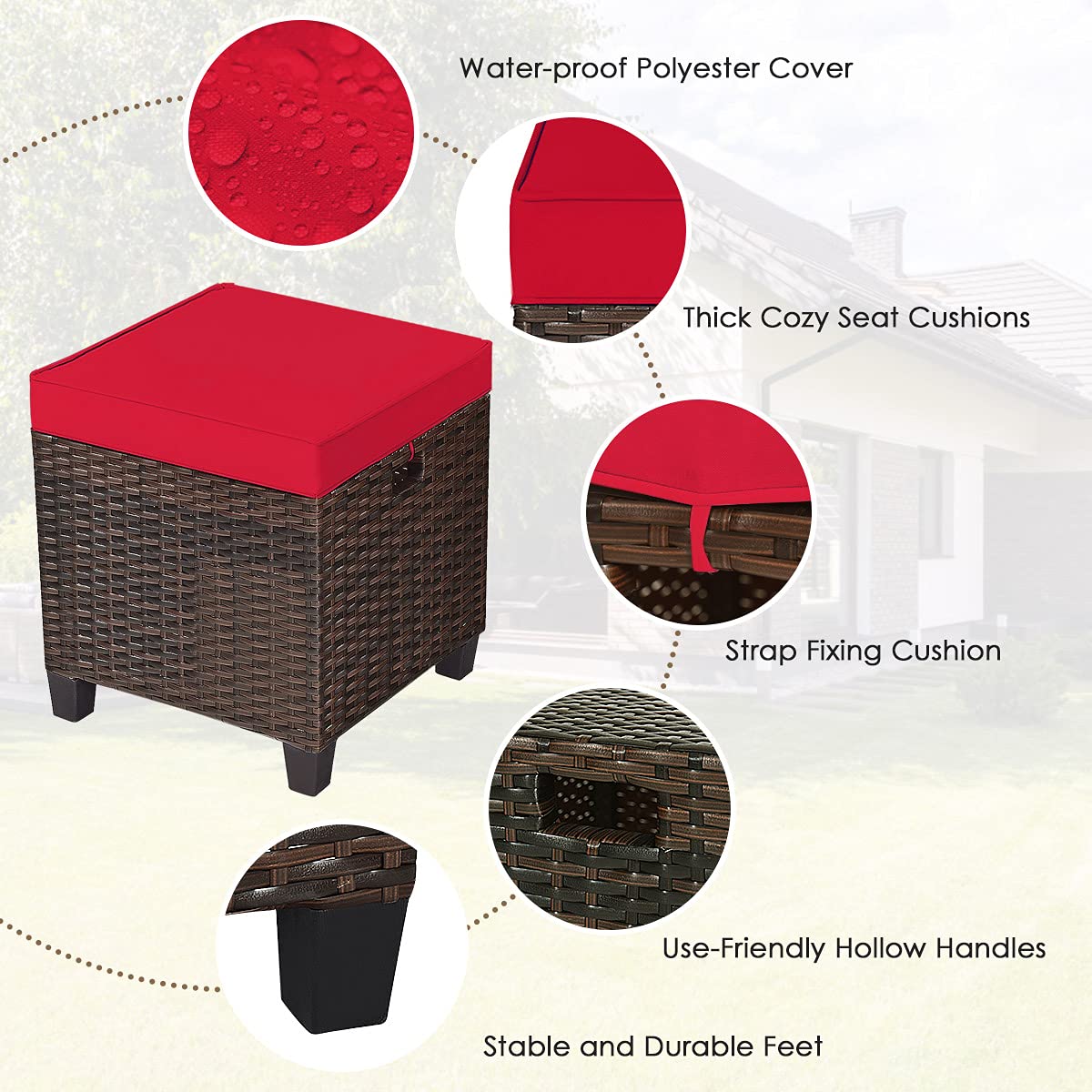 HAPPYGRILL 2-Piece Outdoor Patio Ottoman Set - Rattan Wicker Footstool with Removable Cushions, Durable Patio Furniture for Garden, Poolside, and Deck Relaxation