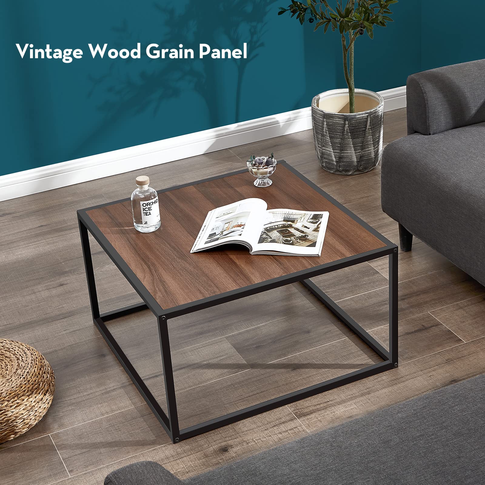 Rustic Walnut Farmhouse Coffee Table - Mid Century Modern Square Low Coffee Table for Small Spaces, Living Room & Home Office - Boho Style Center Table for Cozy Home Decor