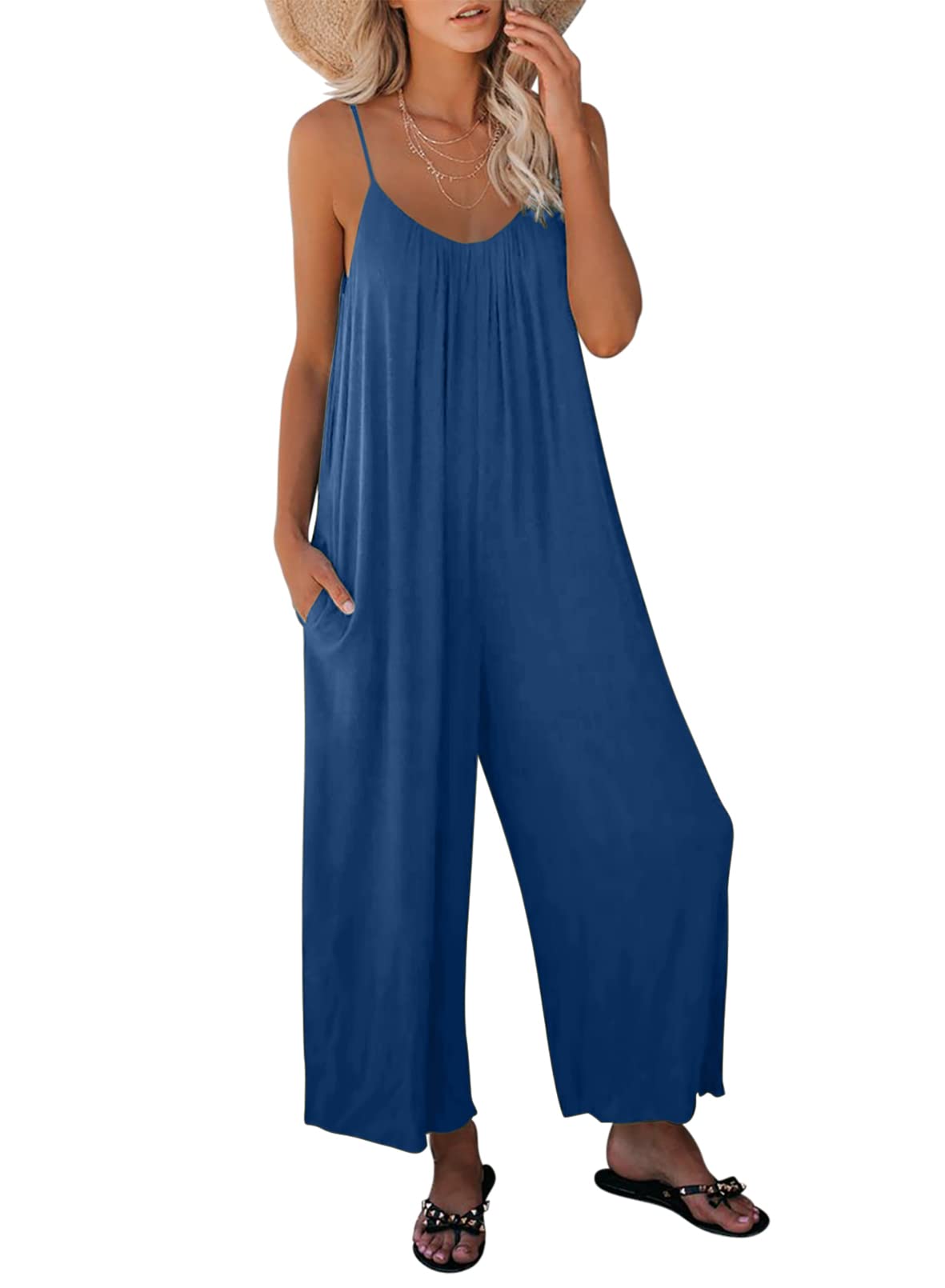 Dokotoo Women's Loose Sleeveless Jumpsuit with Adjustable Spaghetti Straps - Stretchy Long Pant Romper with Pockets for Summer, Beach, Travel & Casual Wear