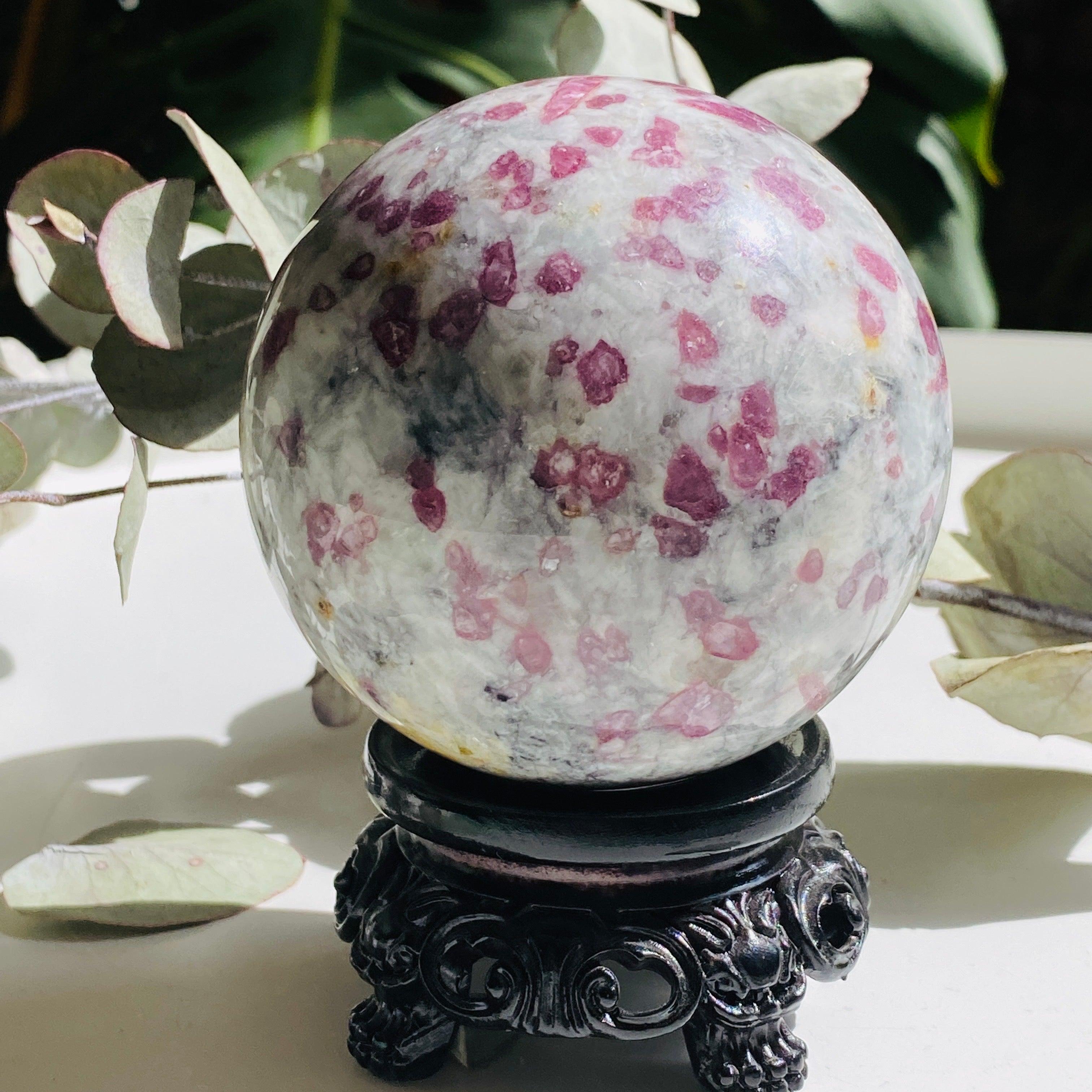 Natural Pink Tourmaline in Quartz Sphere - Healing Crystal for Meditation, Reiki & Home Decor (PTQS-01) | Spiritual Gift, Energy Stone & Feng Shui Decor