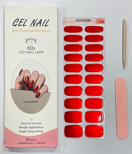 20PCS Semi Cured Gel Nail Polish Strips - Red Adhesive Full Wrap Nail Art Stickers with Nail File | Waterproof DIY Gel Nails for Home & Salon | UV/LED Lamp Compatible | Perfect for Parties, Weddings & Special Occasions