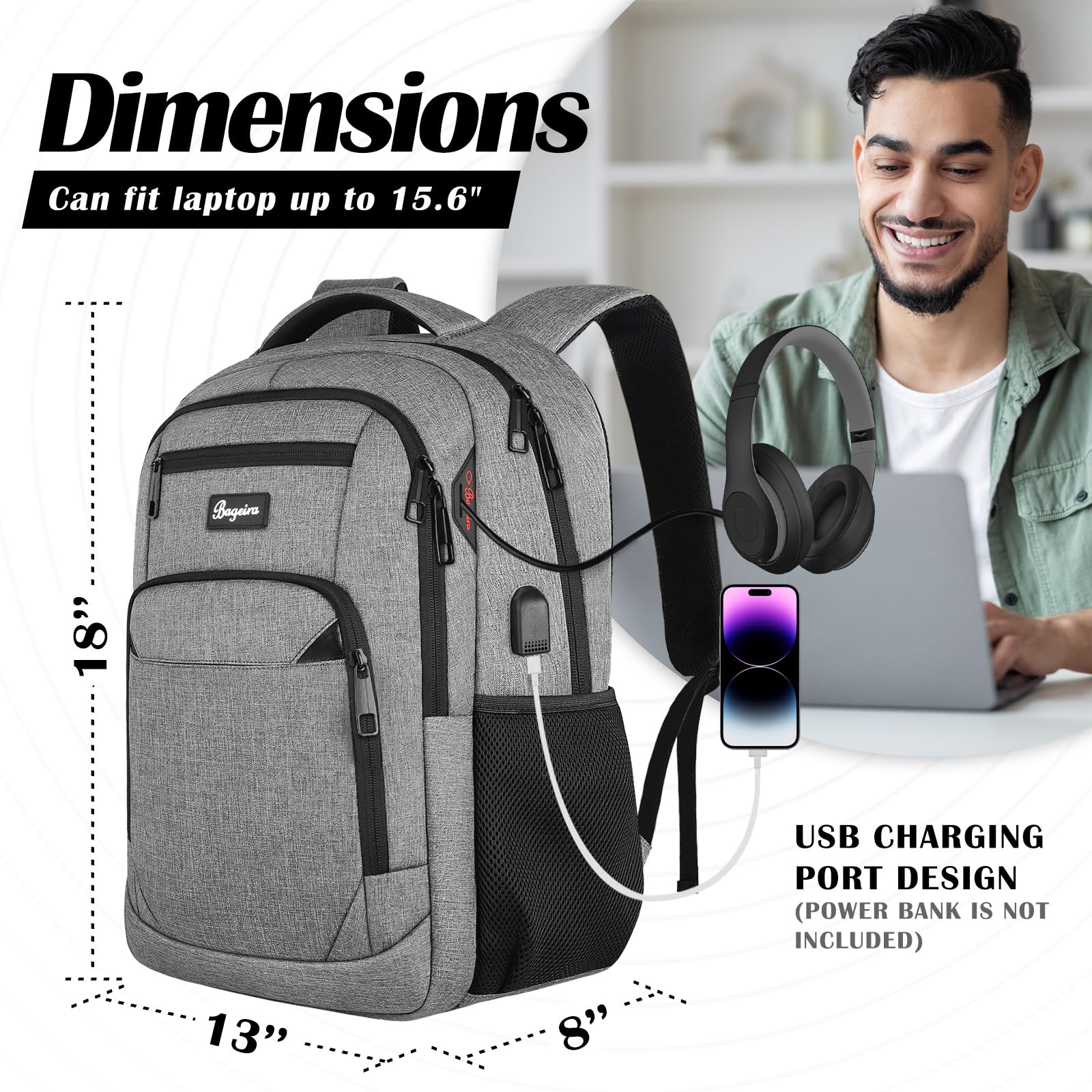 Durable 15.6 Inch Water Resistant Anti-Theft Laptop Backpack with USB Charging Port - Travel, School & Business Computer Bag for Men, Women & Teens - Perfect for College, High School, Commuting & Daily Use - Grey
