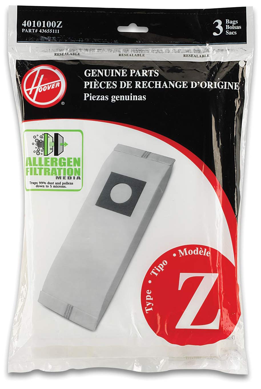 Hoover Vacuum Cleaner Bags Type Z Allergen Filtration - 3 Pack Replacement Bags for Upright Vacuums (Part 4010100Z, White) - Perfect for Pet Hair, Dust & Allergy Relief at Home