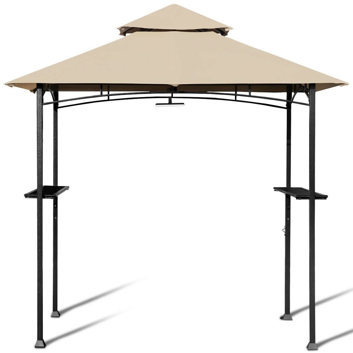 HUIJK 8' x 5' Outdoor Grill Gazebo with LED Lights & 2-Tier Canopy - Tan Patio BBQ Shelter for Backyard, Garden, and Poolside Gatherings