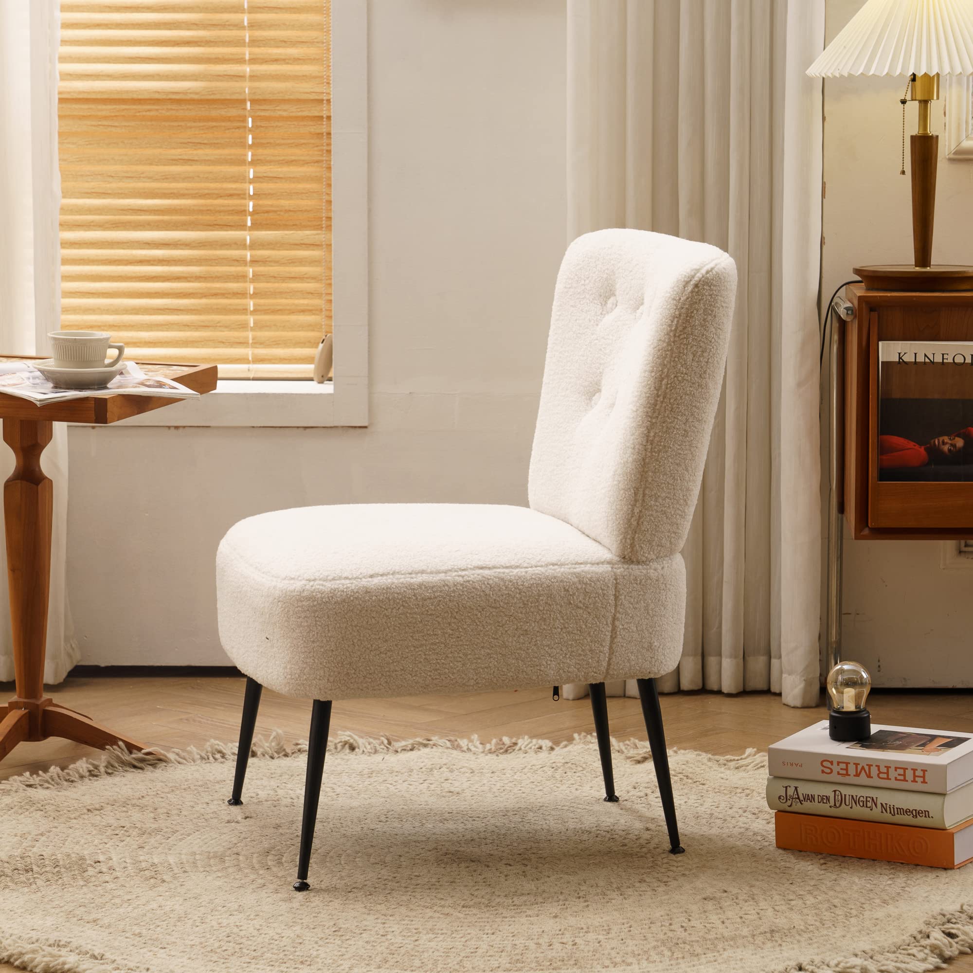 Yoglad Armless Accent Chair - Tufted Padded Seat Teddy Fabric Upholstered Reading Chair with Wooden Frame & Metal Legs for Living Room, Bedroom, Home Office Decor (White) | Perfect for Cozy Reading Nooks, Small Spaces & Modern Interior Design