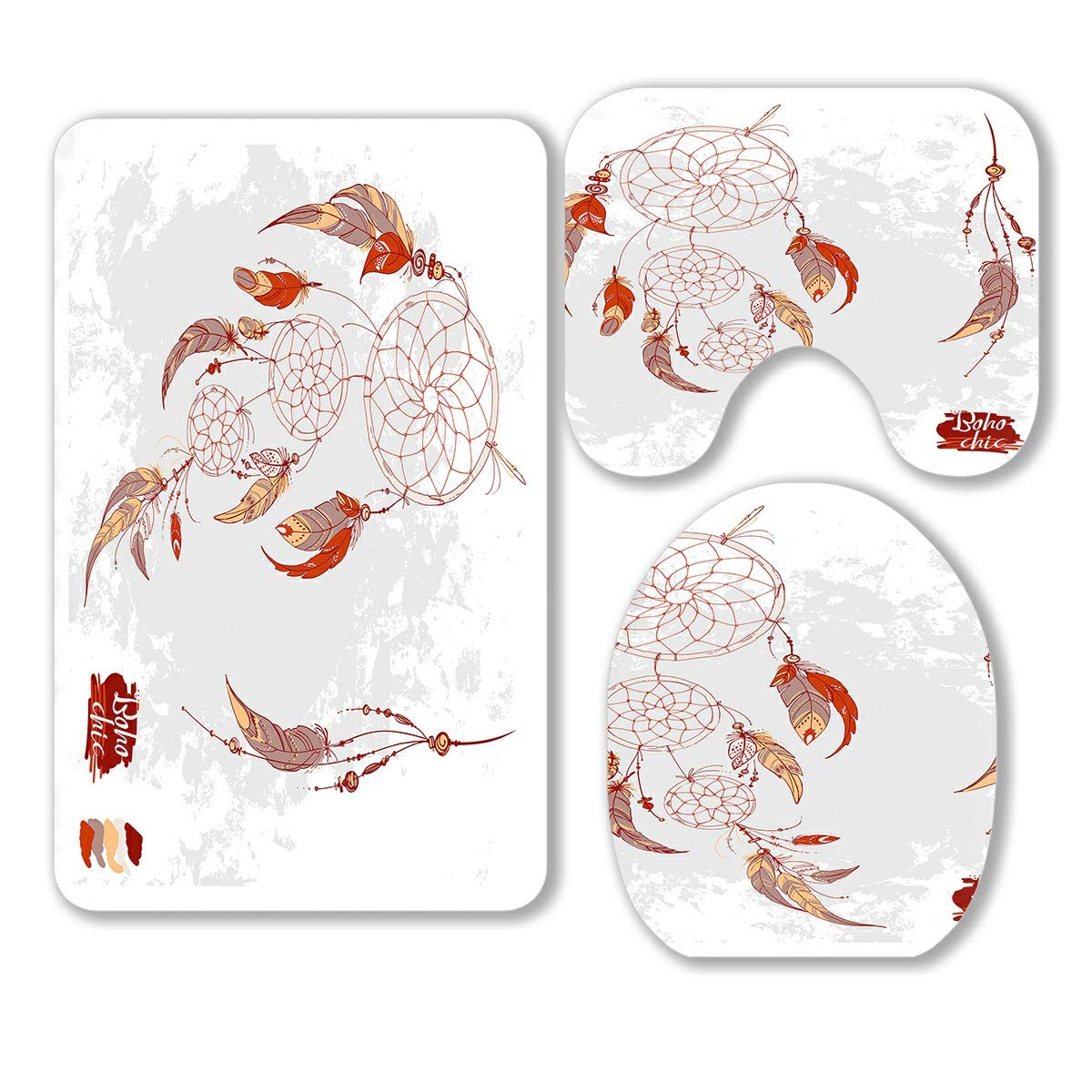 ECZJNT Feather Beads American Traditional Symbol White 3-Piece Bathroom Rug Set - Non-Slip Bath Mat, Contour Mat & Toilet Lid Cover for Vintage Style Home Decor | Perfect for Bathroom, Powder Room & Farmhouse Decor