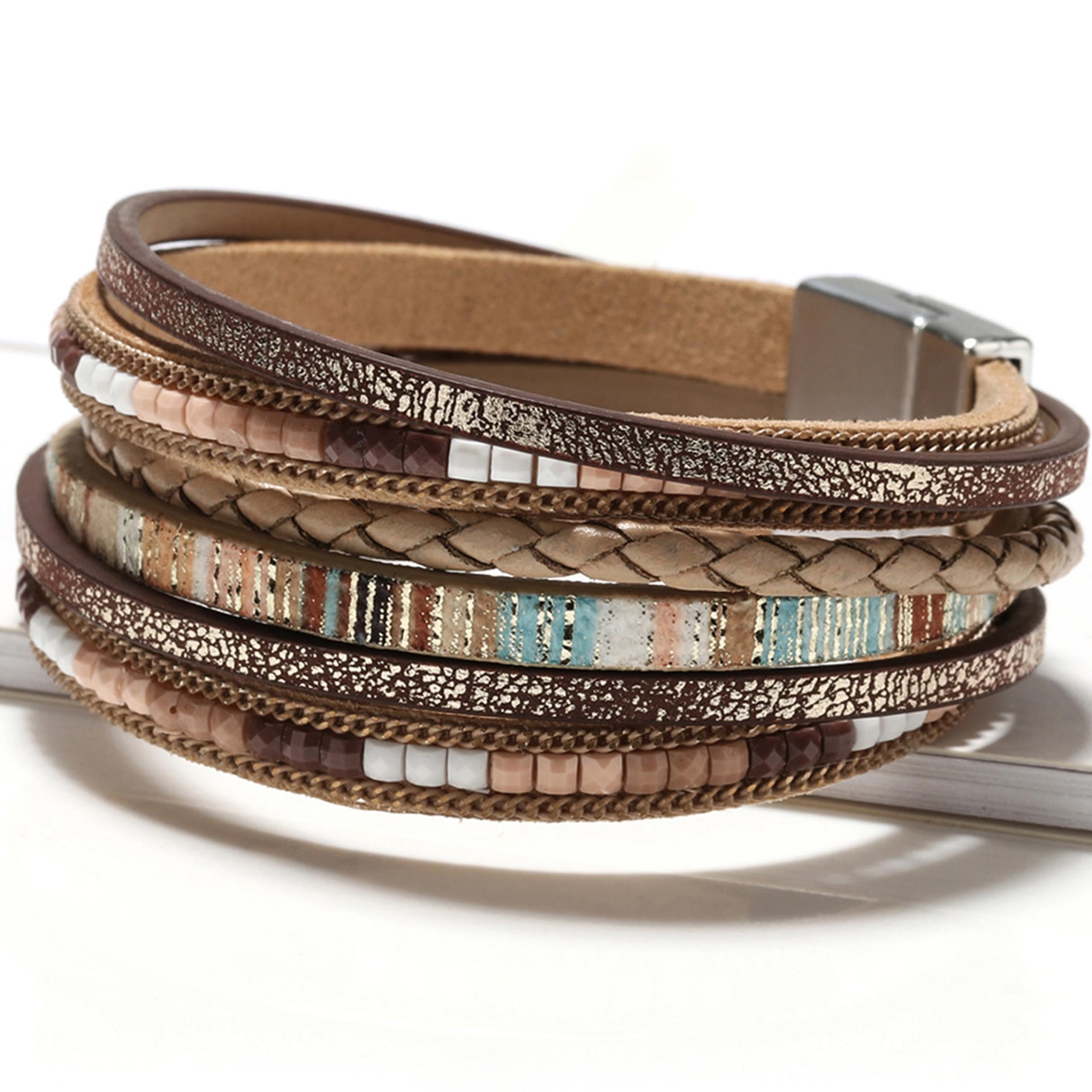 Trendy Blue Leather Wrap Bracelet for Women - Stackable Multi-Layer Cuff Western Jewelry | Perfect for Boho Outfits, Casual Wear & Festival Accessories