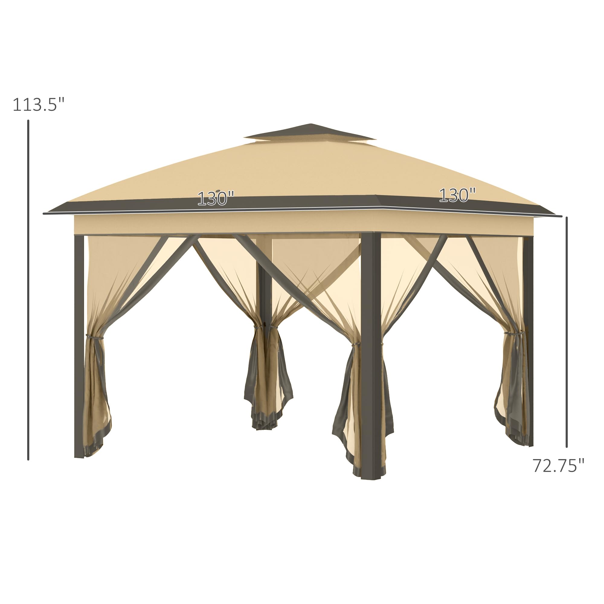 Outsunny 11' x 11' Pop Up Canopy Tent with Netting & Carry Bag - Instant Gazebo Sun Shelter for Outdoor Parties, Camping, Beach, Backyard - 121 Sq Ft Shade, Beige