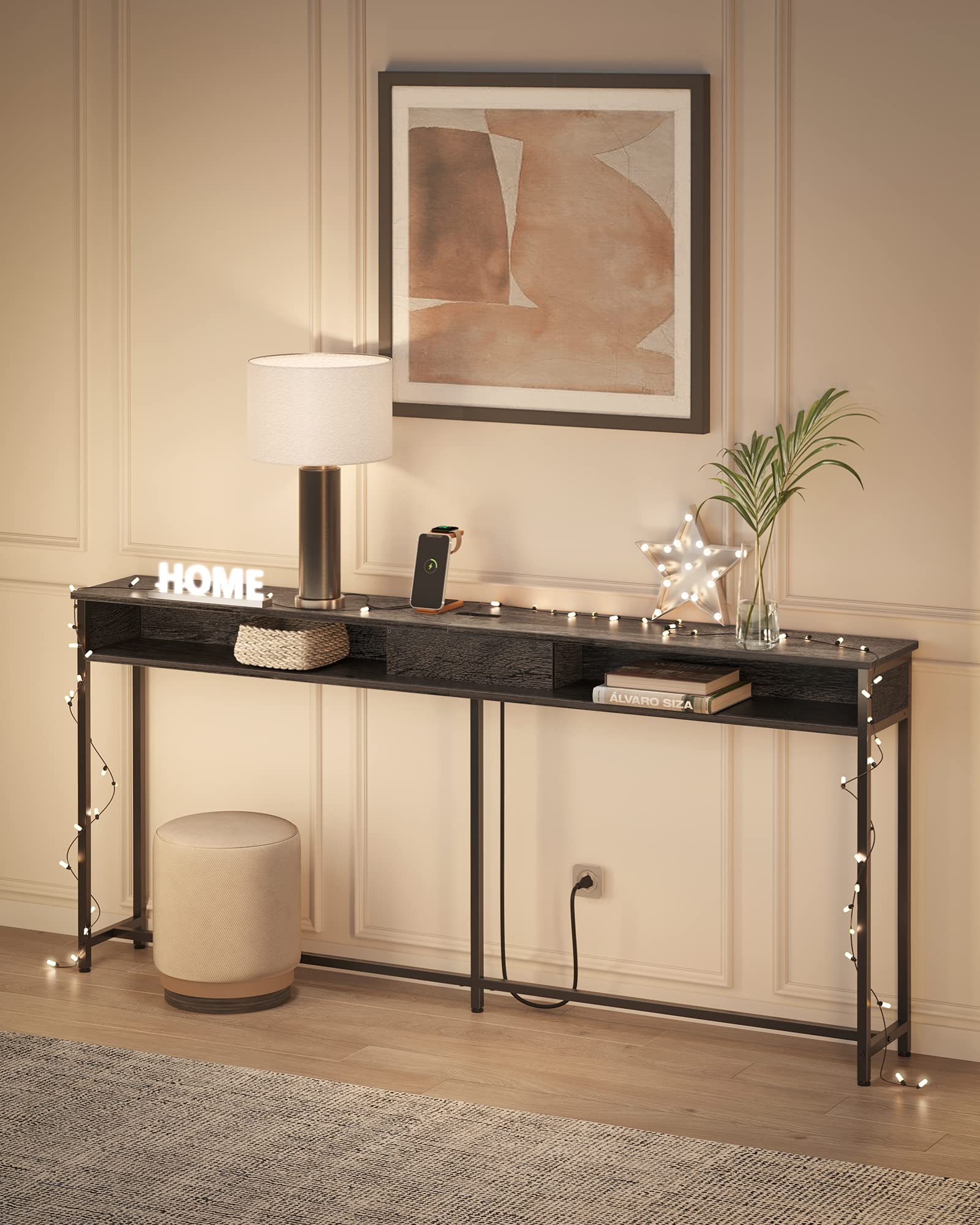 VASAGLE 70.9-Inch Modern Console Table with Built-in USB Outlet & 2 Shelves - Slim Sofa Table with Charging Station, Narrow Entryway Table for Hallway, Living Room - Charcoal Gray & Black ULNT118B22 | Perfect for Small Spaces, Behind Couch, Apartment Decor & Home Office Organization