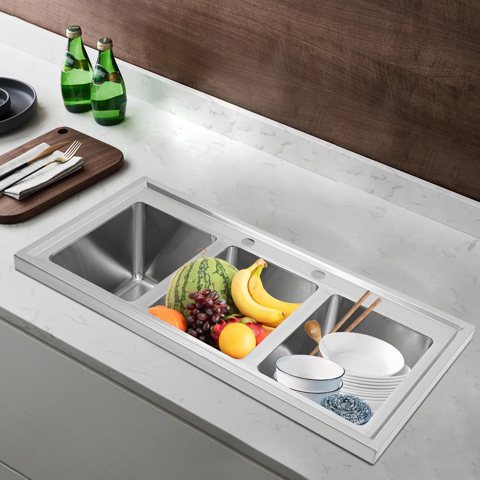 3 Compartment Stainless Steel Drop-In Sink for Commercial Kitchens | 37x18.5x10 Inch Heavy Duty Workstation Sink | Ideal for Restaurants, Catering, and Food Prep Areas