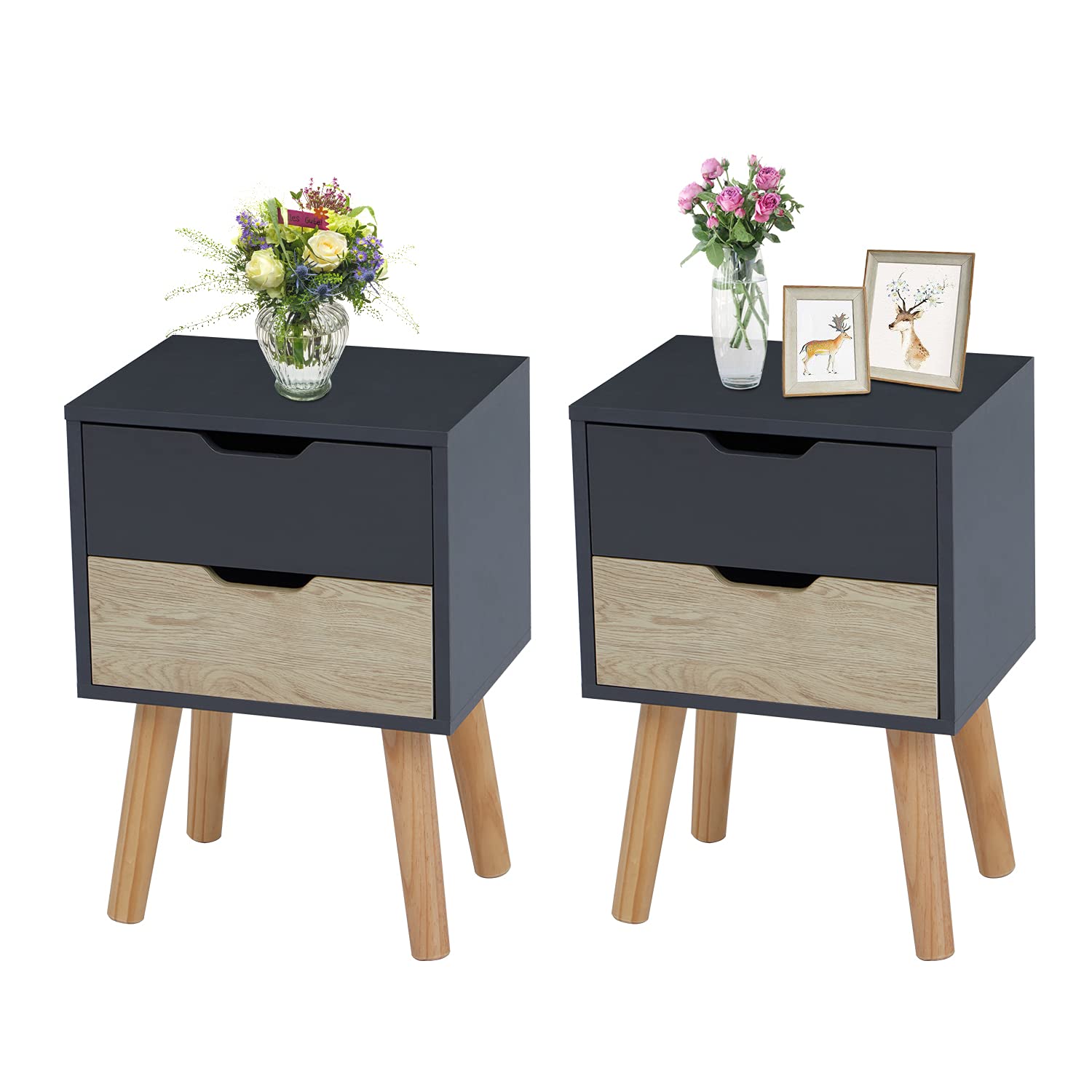 Kinbor Modern Nightstand Set of 2 with Storage Drawers - Wood Bedside Tables with Solid Legs for Bedroom, Living Room & Office - Perfect for Small Spaces & Apartment Living