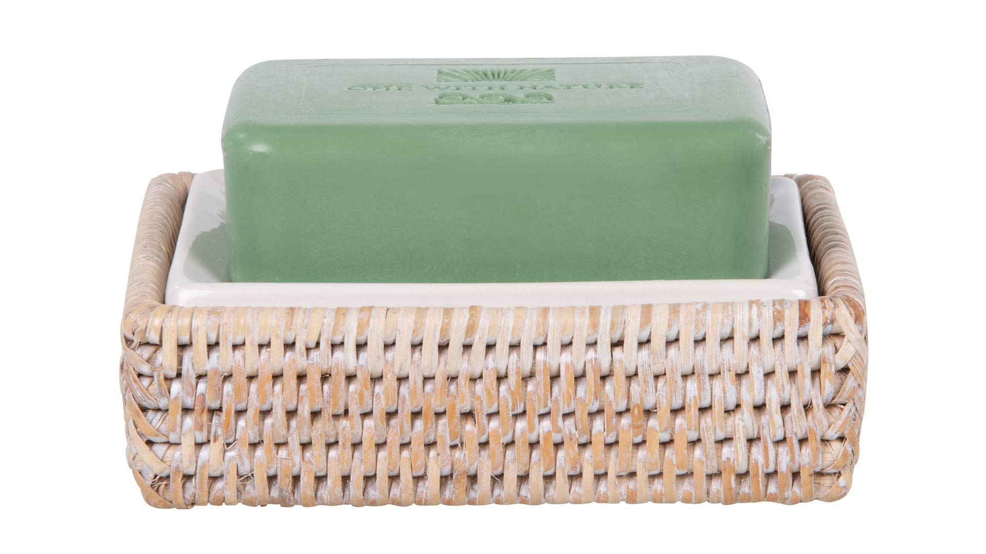 Kouboo La Jolla White-Washed Rattan Rectangular Soap Dish - Bathroom Organizer for Sink Countertop, Shower Shelf & Vanity Decor
