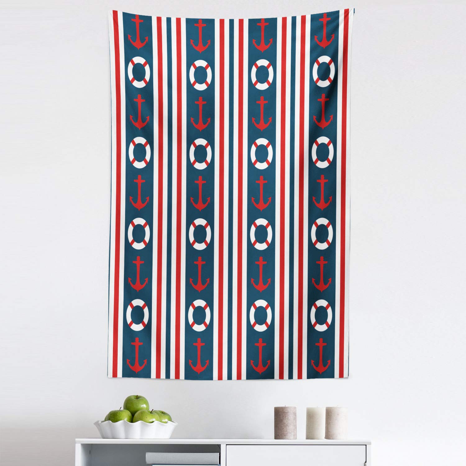 Ambesonne Nautical Striped Tapestry Wall Hanging - Maritime Anchor & Steering Wheel Design in Indigo Red White - 30x45 Inch Fabric Decor for Bedroom, Living Room, Dorm | Perfect for Coastal Theme Home Decor & Beach House Styling