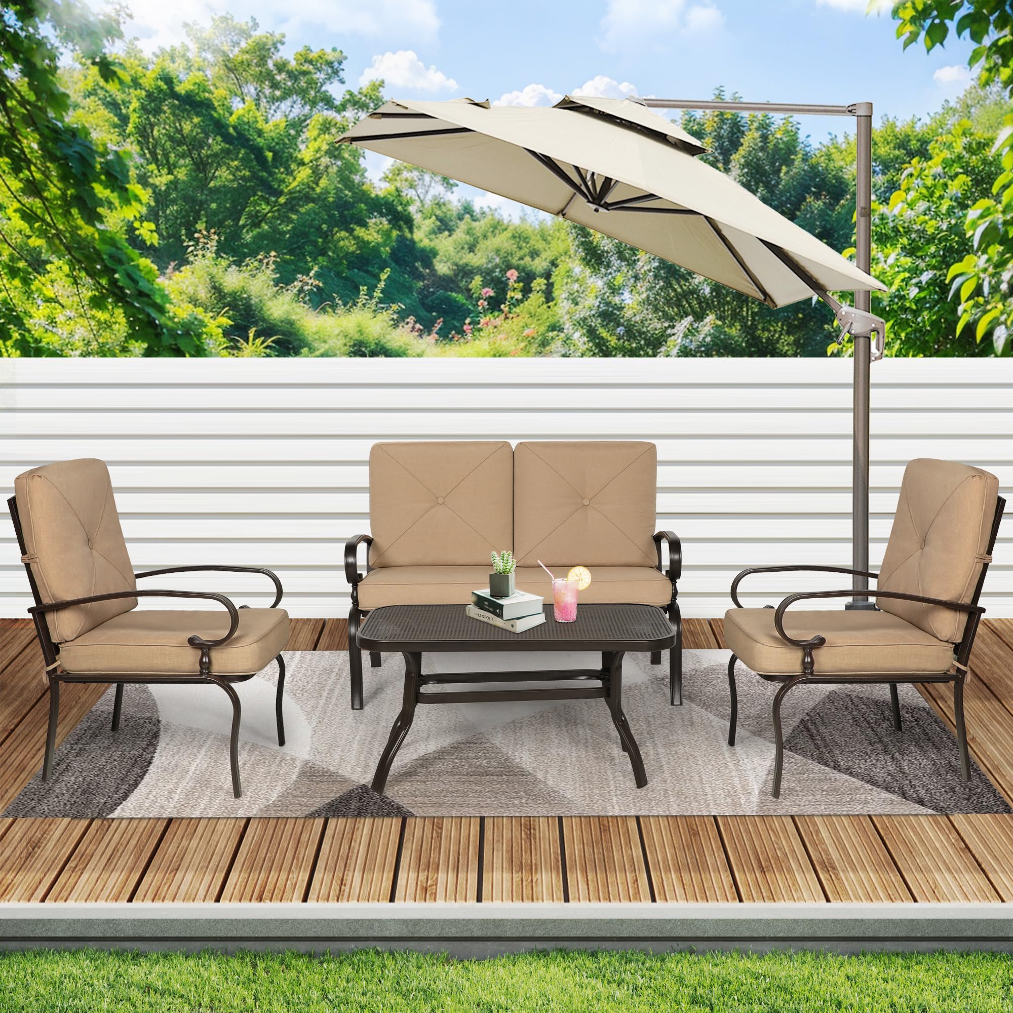 4-Piece Modern Outdoor Patio Furniture Set - Loveseat, 2 Dining Chairs & Coffee Table with Brown Cushions, Metal Bistro Set for Garden, Yard, Balcony | Perfect for Relaxing, Entertaining & Outdoor Dining