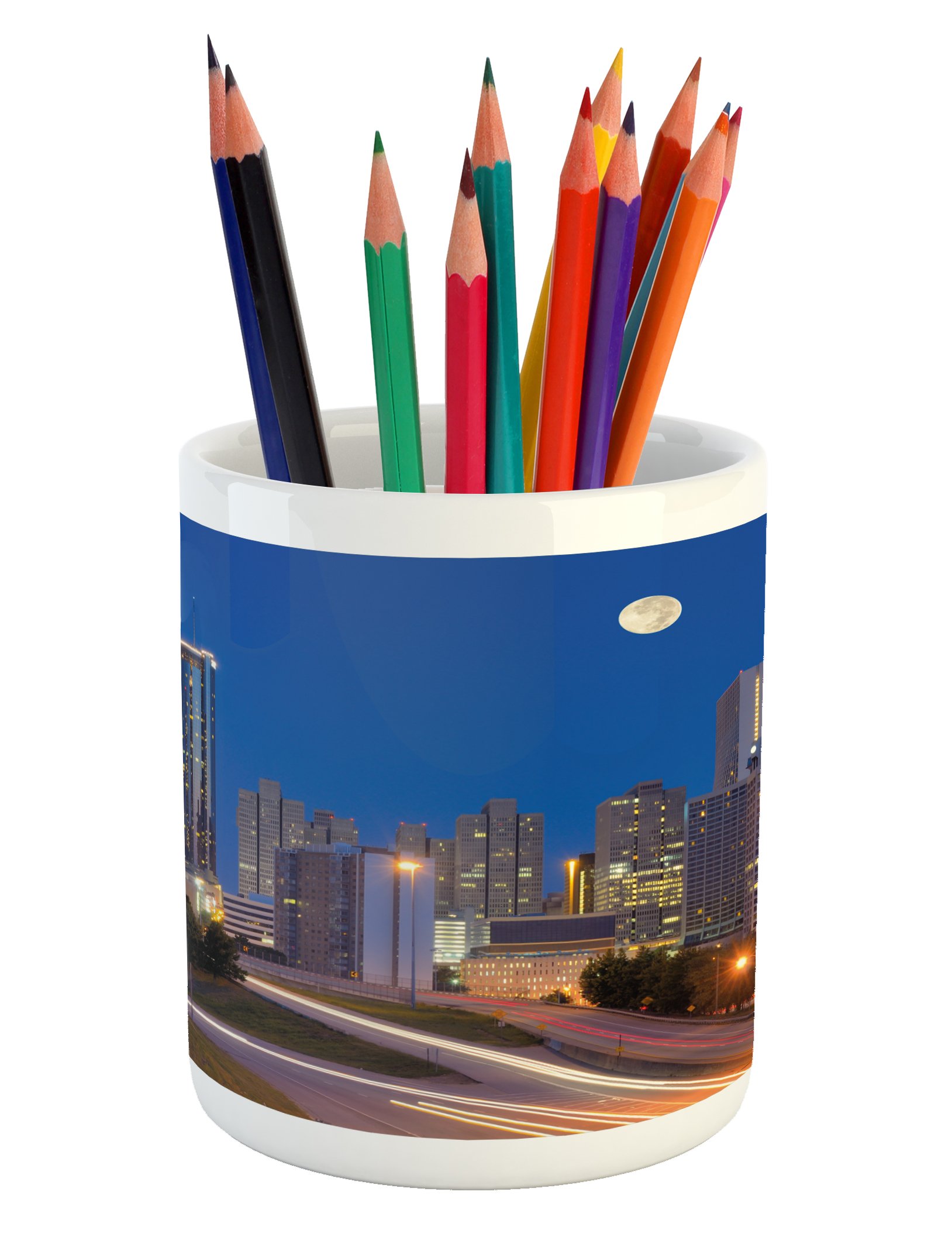 Lunarable Ceramic Pen Holder - Cosmopolitan Cityscape with Skyscrapers at Night in Atlanta Georgia, Printed Office Desk Accessory - Perfect for Home Office, School & Gift Giving