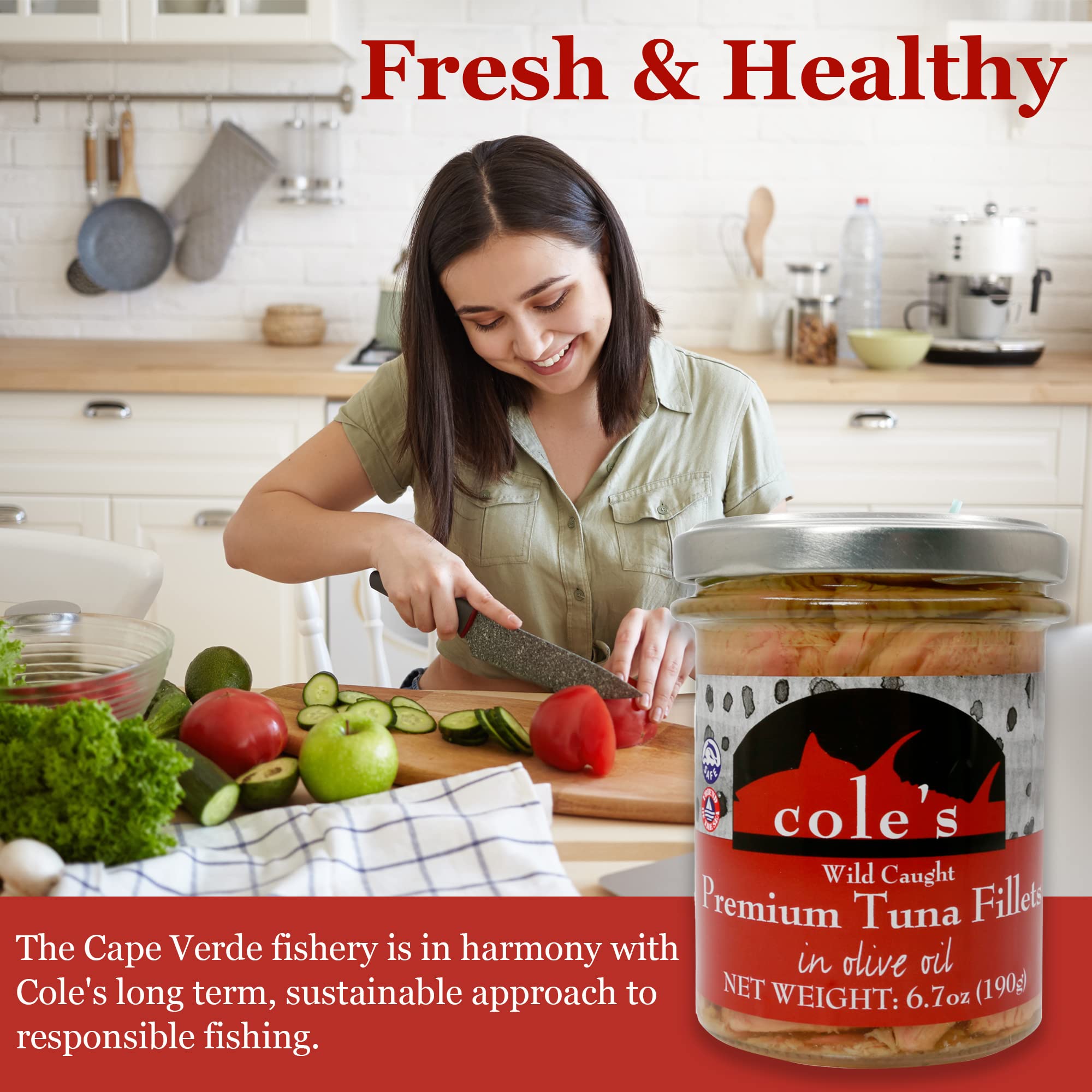 COLES Fresh Canned Tuna Fillets in Olive Oil 6 Pack (6.7 oz Each) - Wild Caught, Gluten Free, High Protein Healthy Snack - Perfect for Salads, Sandwiches & Quick Meals