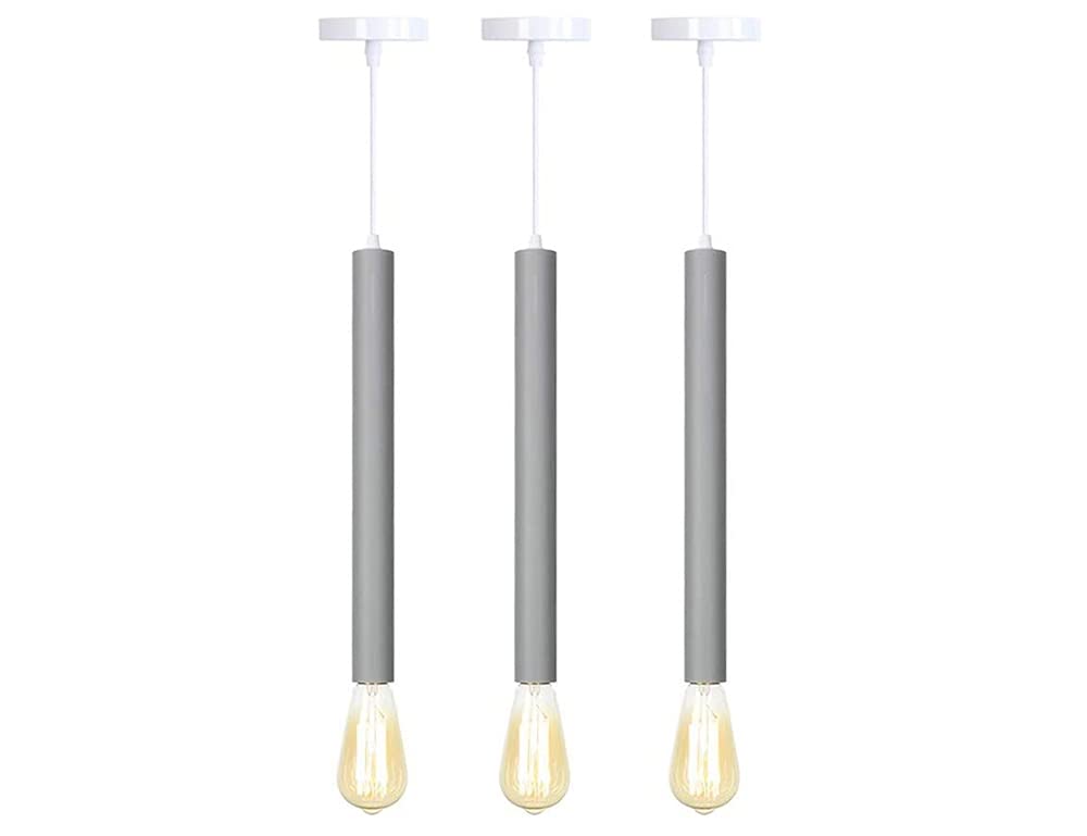 3 Pack Modern Gray Macaron Pendant Lights - Adjustable LED Cylindrical Hanging Chandeliers with E27 Base for Kitchen Island, Dining Room, Bedroom & Living Room Lighting Decor