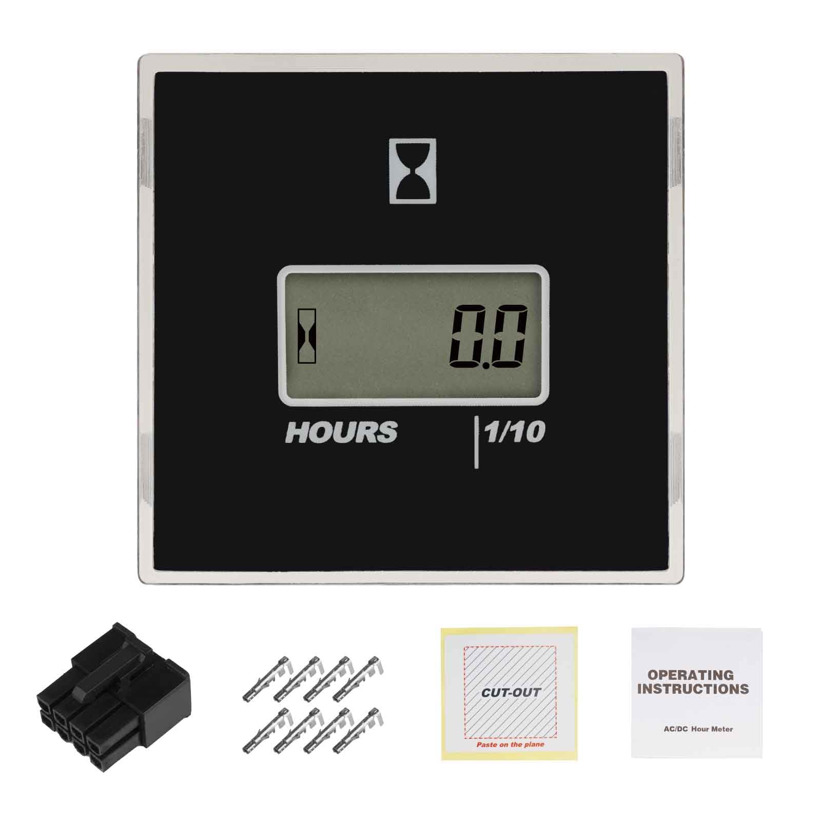 Waterproof AC/DC Hour Meter with Oil Pressure & Voltage Detection - Transparent PC Enclosure with Built-in Desiccant for Moisture Protection - Ideal for Engines, Lawn Mowers, Tractors & Boats (Black)