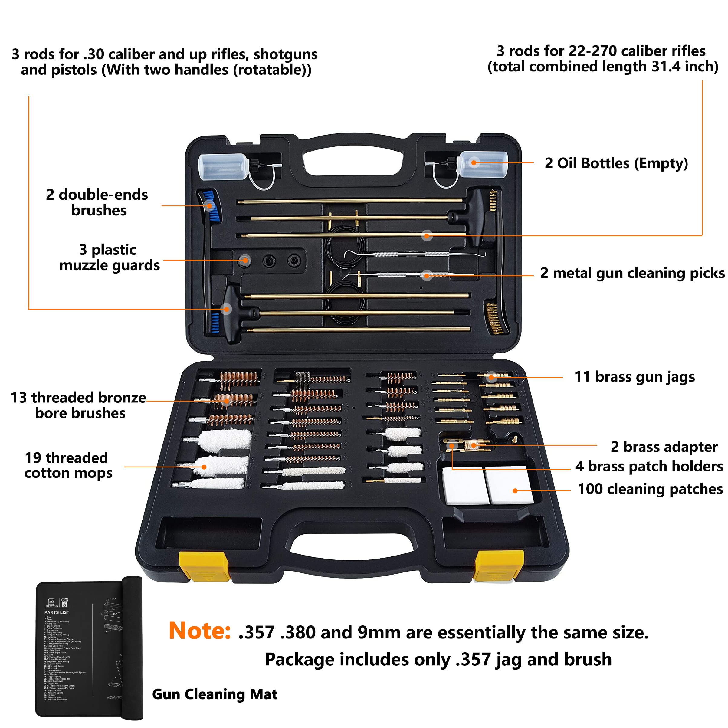 Raiseek Universal Gun Cleaning Kit for Rifle, Pistol & Shotgun - All-in-One Gun Cleaning Supplies with Jags, Brushes & Cleaning Mat - Lightweight Organized Carrying Case Included - Perfect for Hunting, Shooting Range & Firearm Maintenance