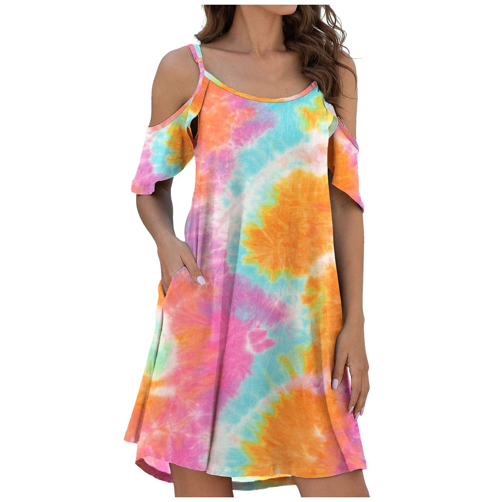 Twoker Women's Summer Casual Dress with Pockets, Shoulder Sleeves & Ruffle Detail - Perfect for Concerts, Beach Outings and Summer Parties