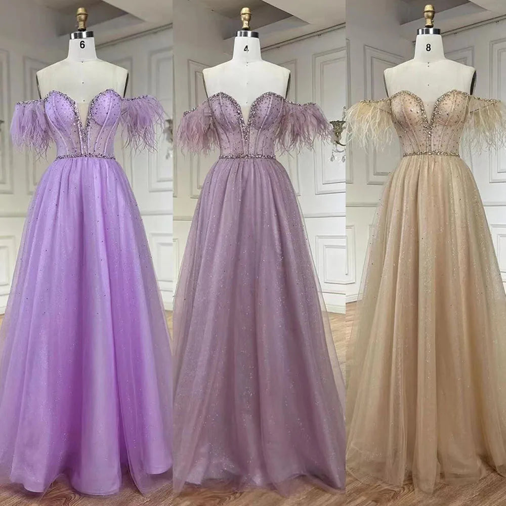 Elegant Lilac Feather Beaded A-Line Evening Gown for Women | Luxury Dubai Arabic Style Long Party Dress | Perfect for Weddings, Galas & Formal Events - LA72326