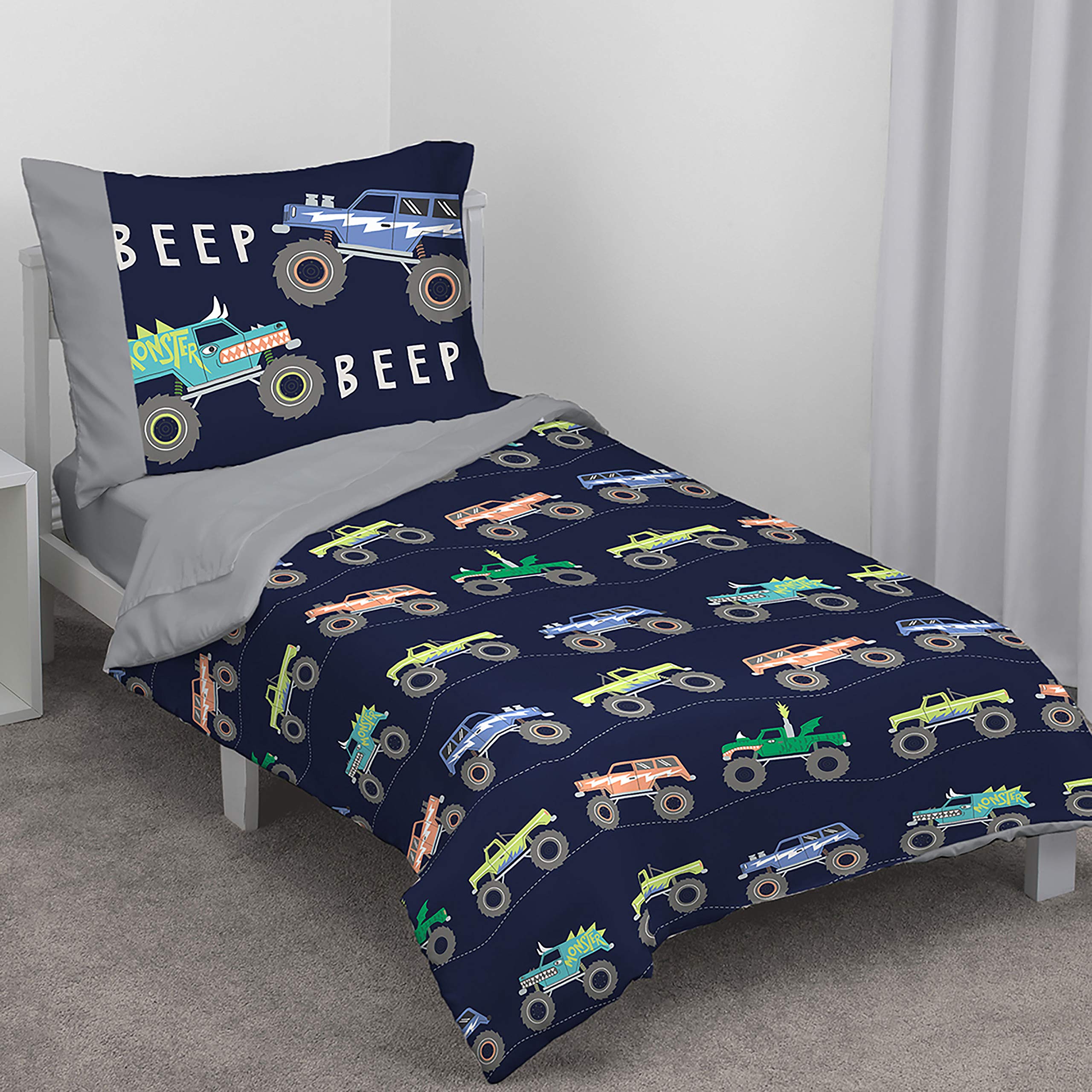Carters Monster Truck 4-Piece Toddler Bedding Set - Soft Cotton Bed Sheets, Blanket & Pillowcase for Boys Room Decor - Perfect for Nursery, Kids Bedroom & Toddler Sleep Comfort