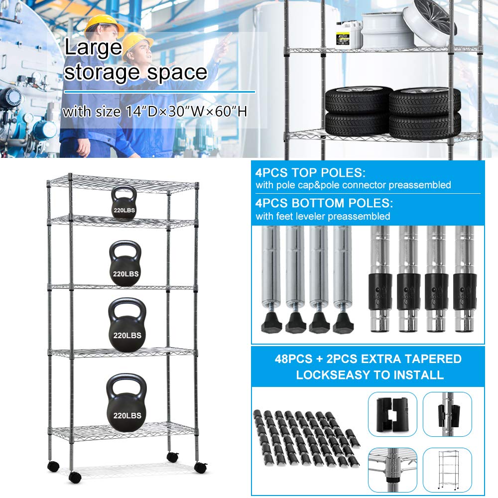 BLKMTY 5-Tier Heavy Duty Metal Wire Shelving Unit - NSF Certified Adjustable Garage Storage Shelf 14