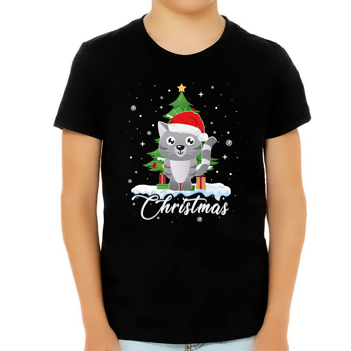 Boys Christmas Shirt with Santa Kitty Cat - Holiday Party Outfit