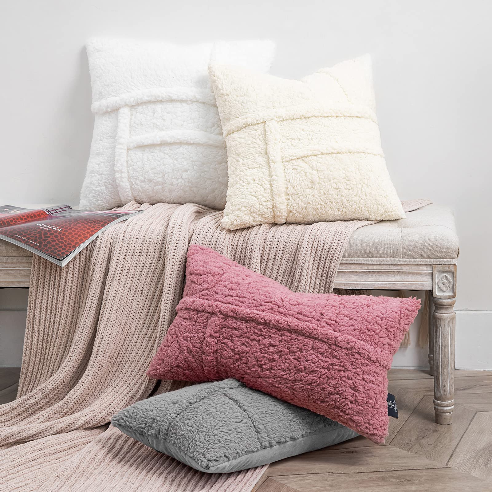 Phantoscope 2-Pack Christmas Sherpa Throw Pillow Covers - Soft Faux Fur Fluffy Decorative Cushion Cases (12x20 Inches, Red) for Bedroom, Sofa & Holiday Decor