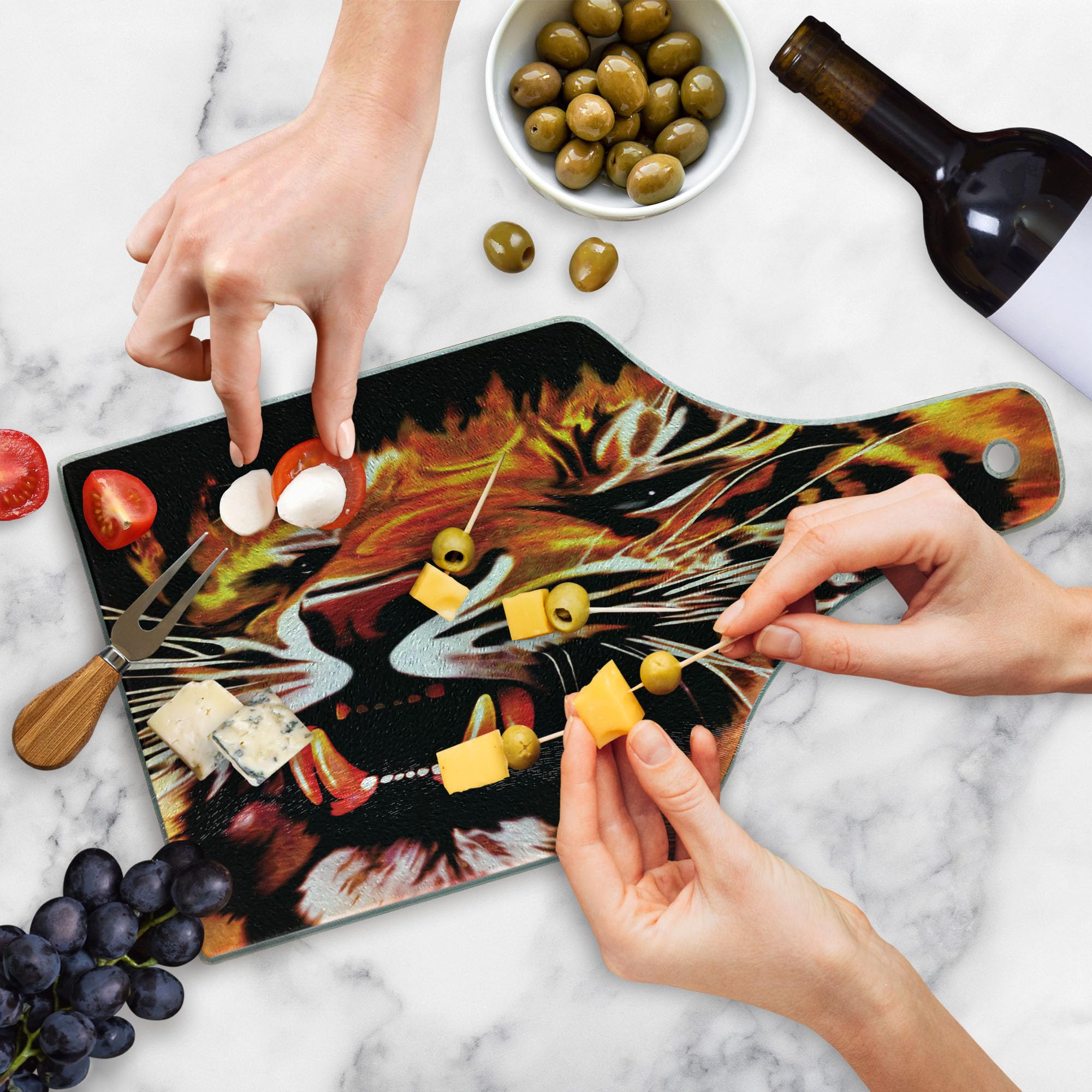 Ambesonne Savannah Tempered Glass Cutting Board - Large Tiger Stripes Animal Print, Decorative Serving Board with Wine Bottle Shape in Orange, White & Black | Perfect for Kitchen Prep, Charcuterie Display & Wine Pairing Parties