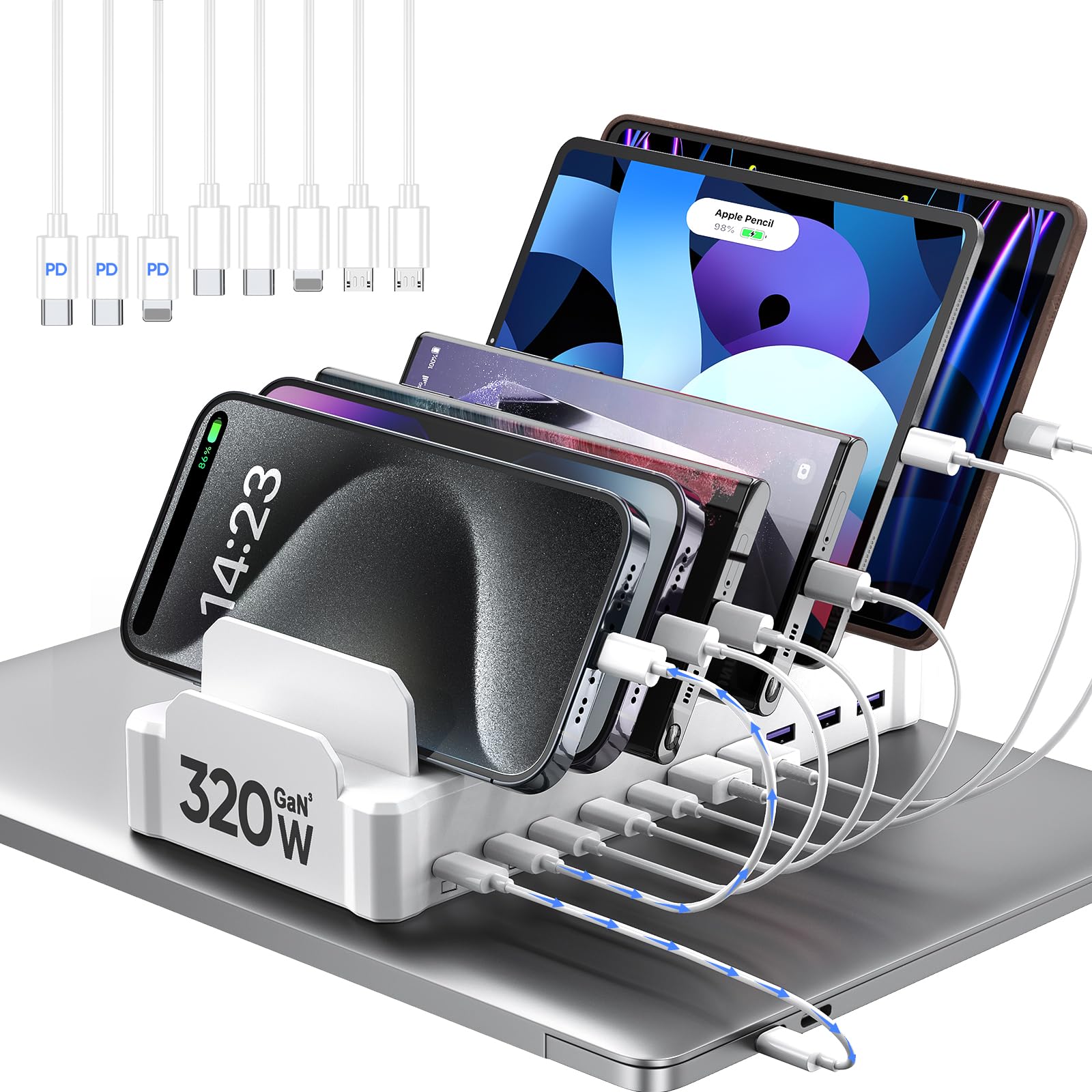 Zobirez 10-Port USB C Fast Charging Station 320W - Multi Device Charger for MacBook, iPhone, Android, iPad, Tablet - Family & Office Charging Dock (White) | Perfect for Home, Office & Travel Use