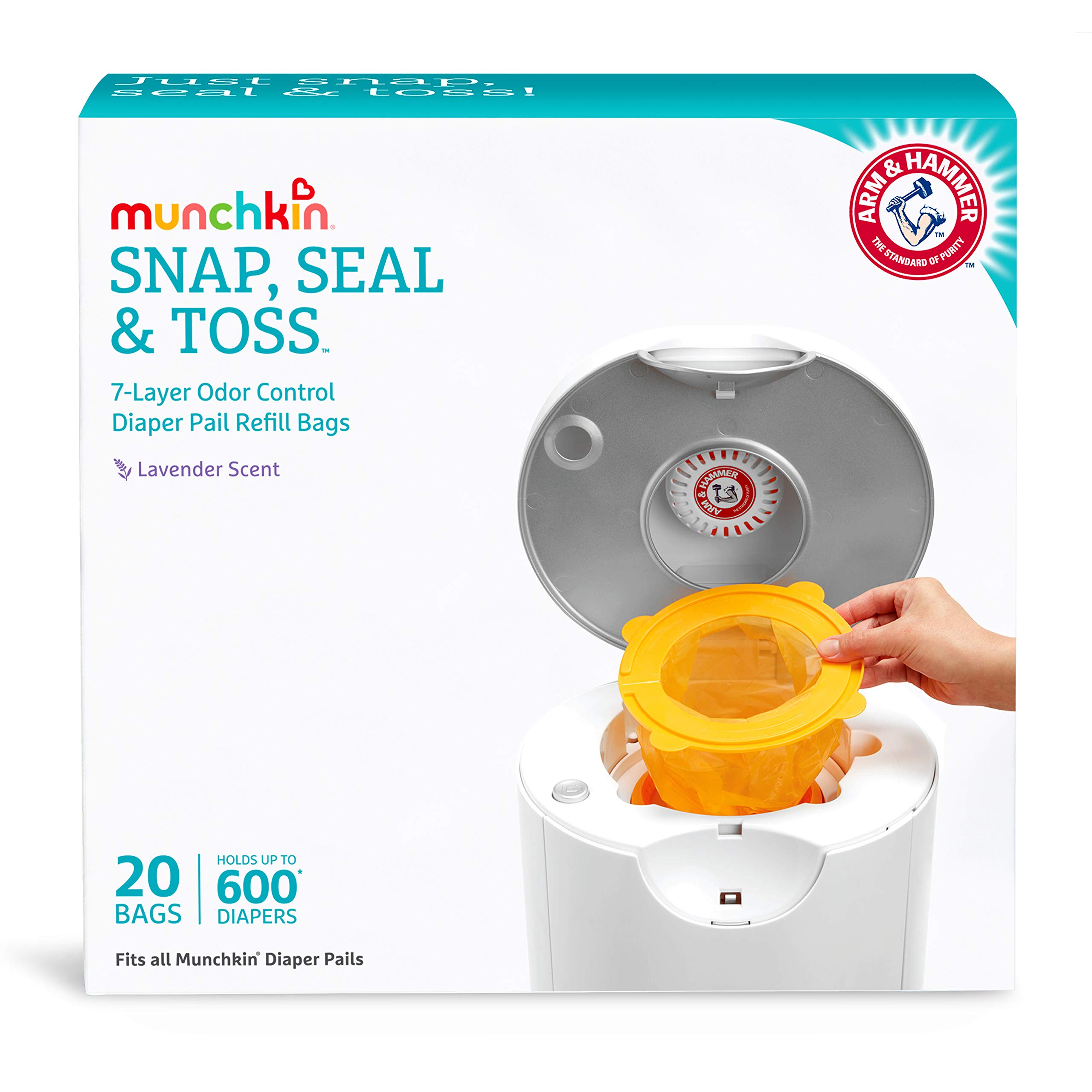 Munchkin Arm & Hammer Diaper Pail Refill Bags - 20 Count with Lavender Scented Nursery Fresheners (5 Pack) | Odor Control for Baby Diaper Disposal | Perfect for Nursery, Daycare & Home Use
