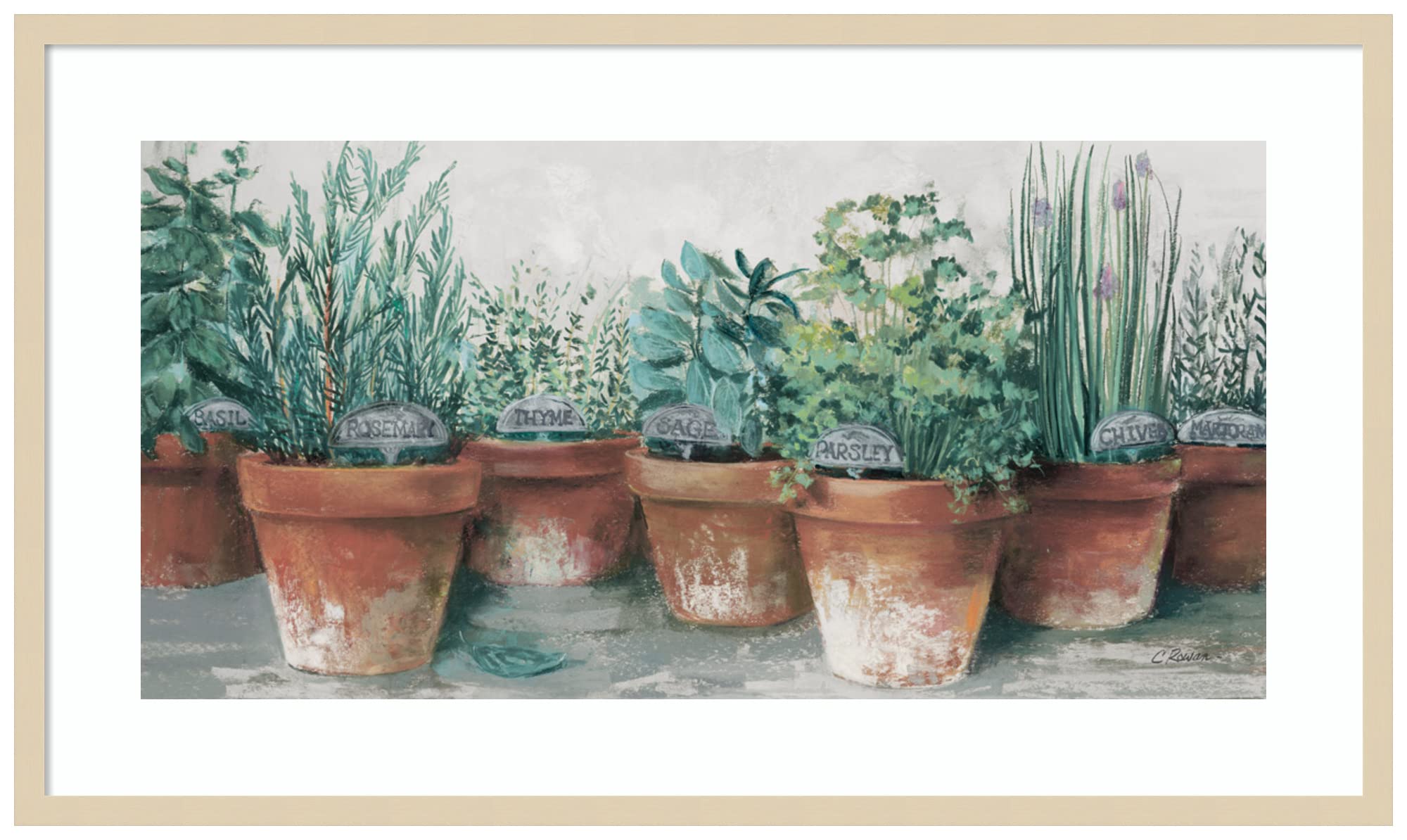 Amanti Art Wood Framed Wall Art Print - Pots of Herbs II Cottage Painting by Carol Rowan, 41x24 Inches, Svelte Natural Frame - Perfect for Kitchen Decor, Dining Room, or Farmhouse Style Home