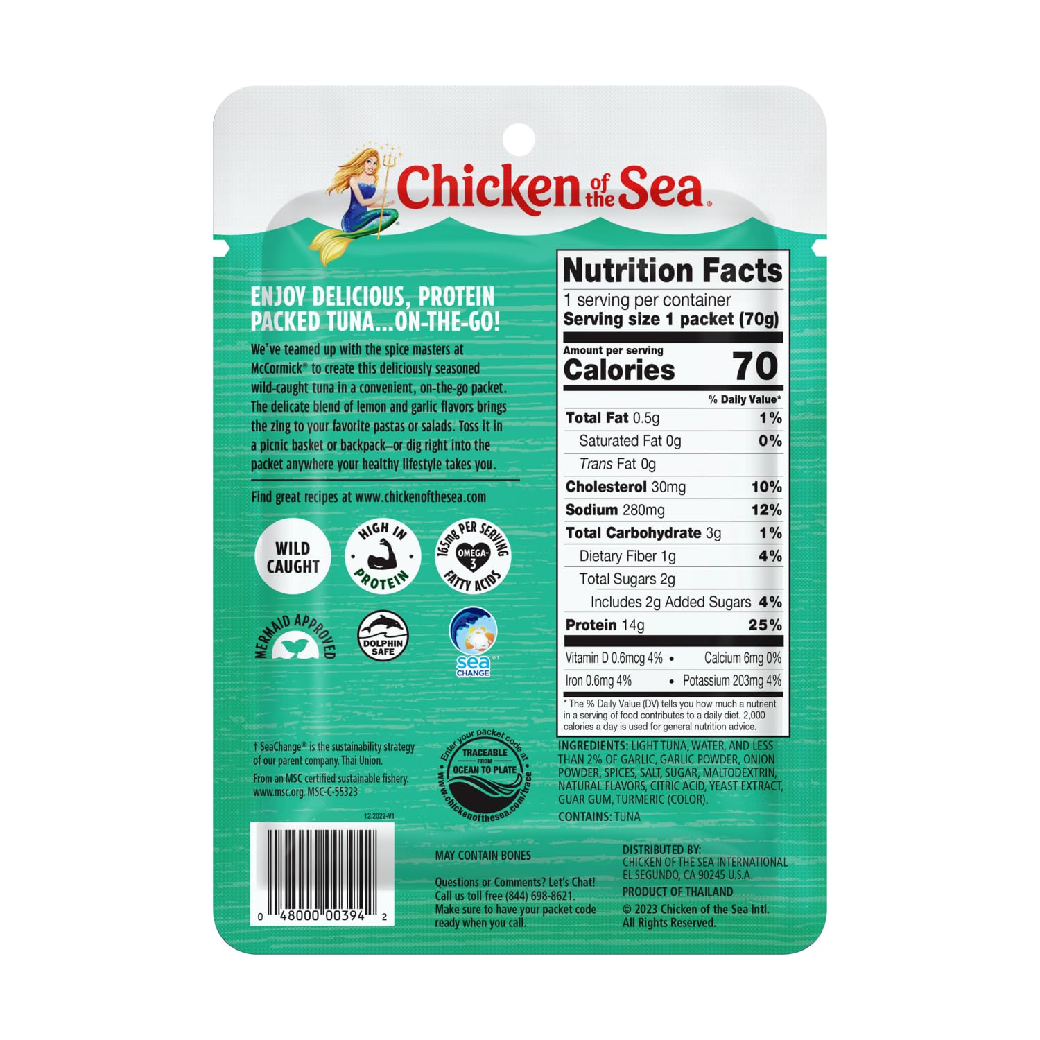 Chicken of the Sea Wild Caught Light Tuna in Lemon Garlic, 2.5 oz Pouch (Pack of 12) - Premium Canned Tuna for Salads, Sandwiches & Healthy Snacks