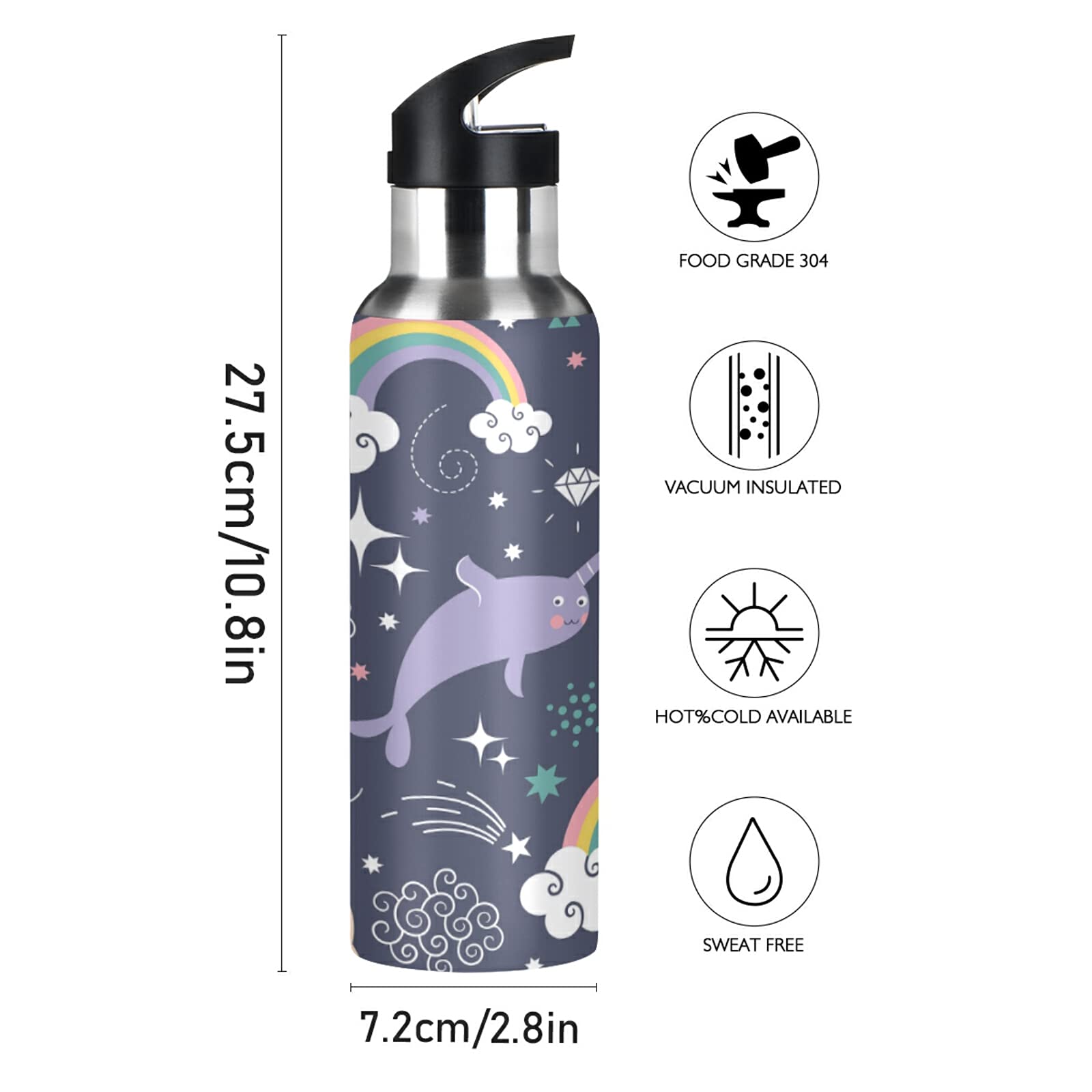 TropicalLife Insulated Stainless Steel Water Bottle with Straw - 24oz Vacuum Insulated Tumbler for Hot & Cold Drinks, Leakproof Narwhal & Rainbow Design - Perfect for School, Sports, Hiking and Outdoor Activities