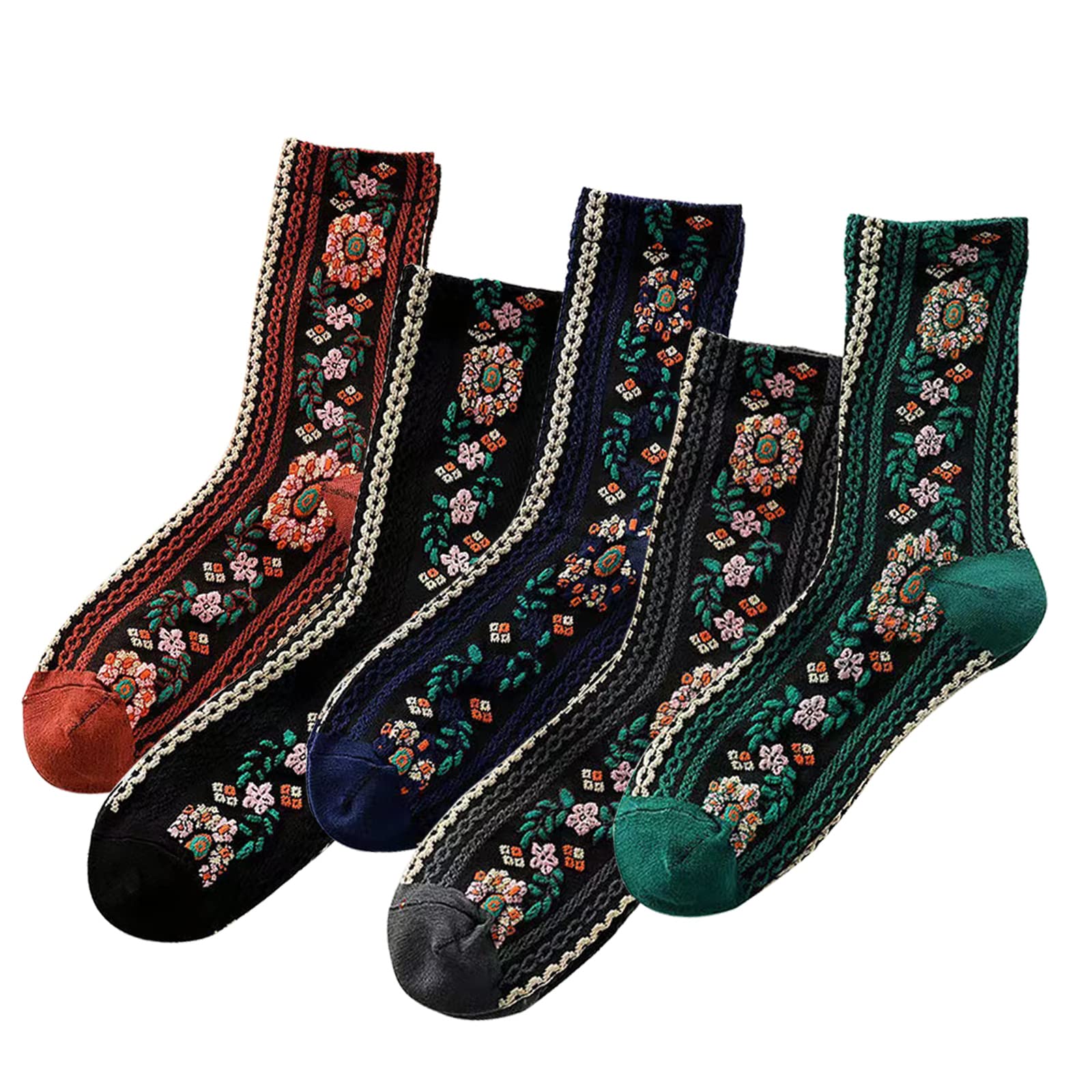5 Pairs Women's Black Floral Patterned Crew Socks - Vintage Cotton Ankle Socks for Casual Wear, Warm & Comfortable - Perfect for Daily Outfits, Office, and Gift Giving