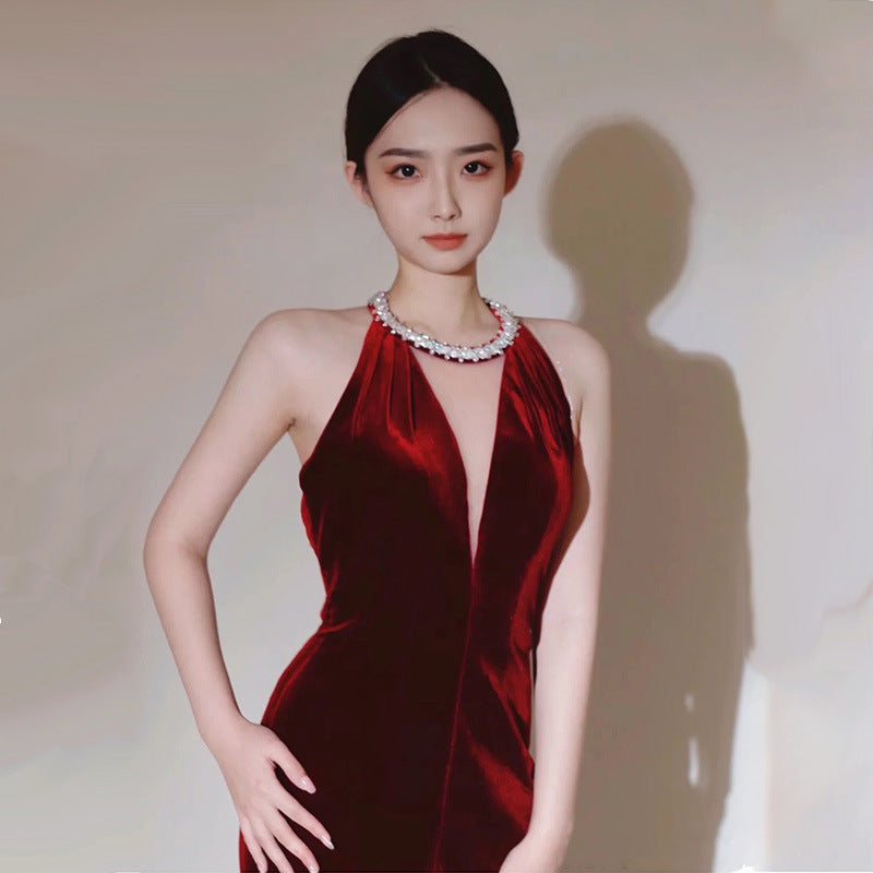 Burgundy Velvet Mermaid Evening Dress - Deep V Neck, Backless with Slit & Tassel Details | Elegant Formal Gown for Prom, Wedding Guest, Cocktail Party & Special Occasions