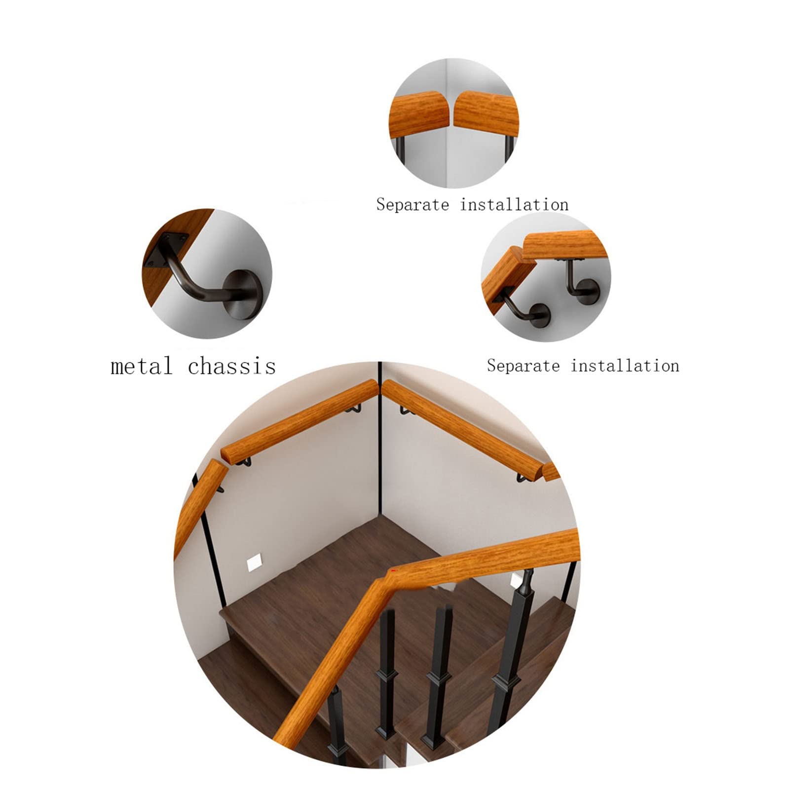 Non-Slip Stair Handrail - 15ft Wall Mounted Stair Railing with Wood Balusters for Indoor/Outdoor Use - Easy Installation for Homes & Commercial Buildings - Perfect for Staircase Safety in Houses, Offices & Public Spaces