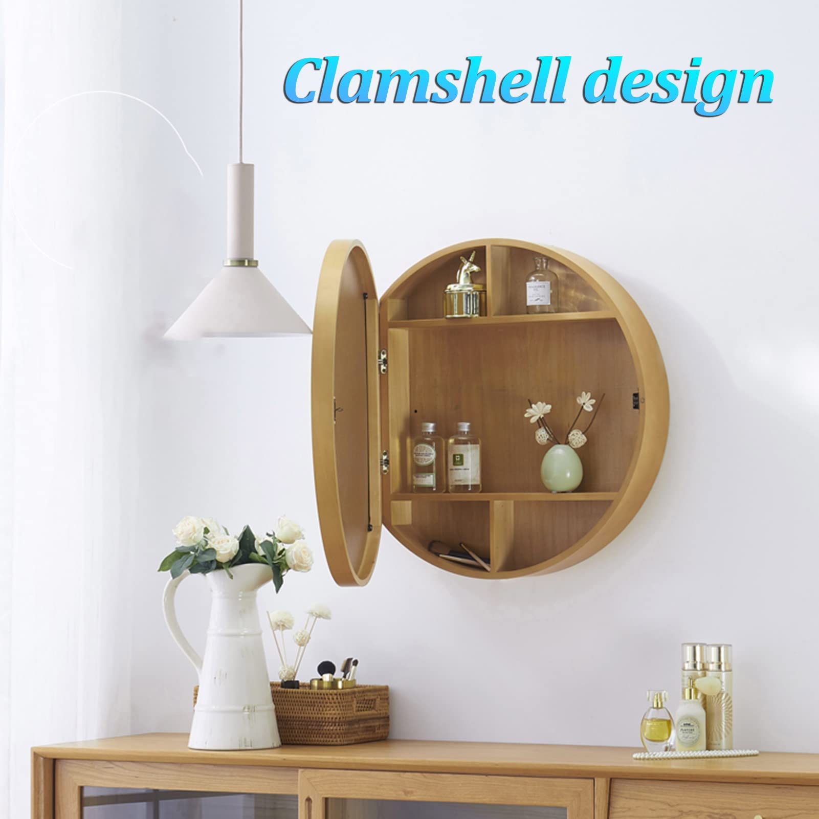 Round Wall Mounted Bathroom Medicine Cabinet with Mirror Door & Hidden Shelves - Beige, 50cm - Perfect for Small Bathrooms, Vanity Storage & Modern Home Decor