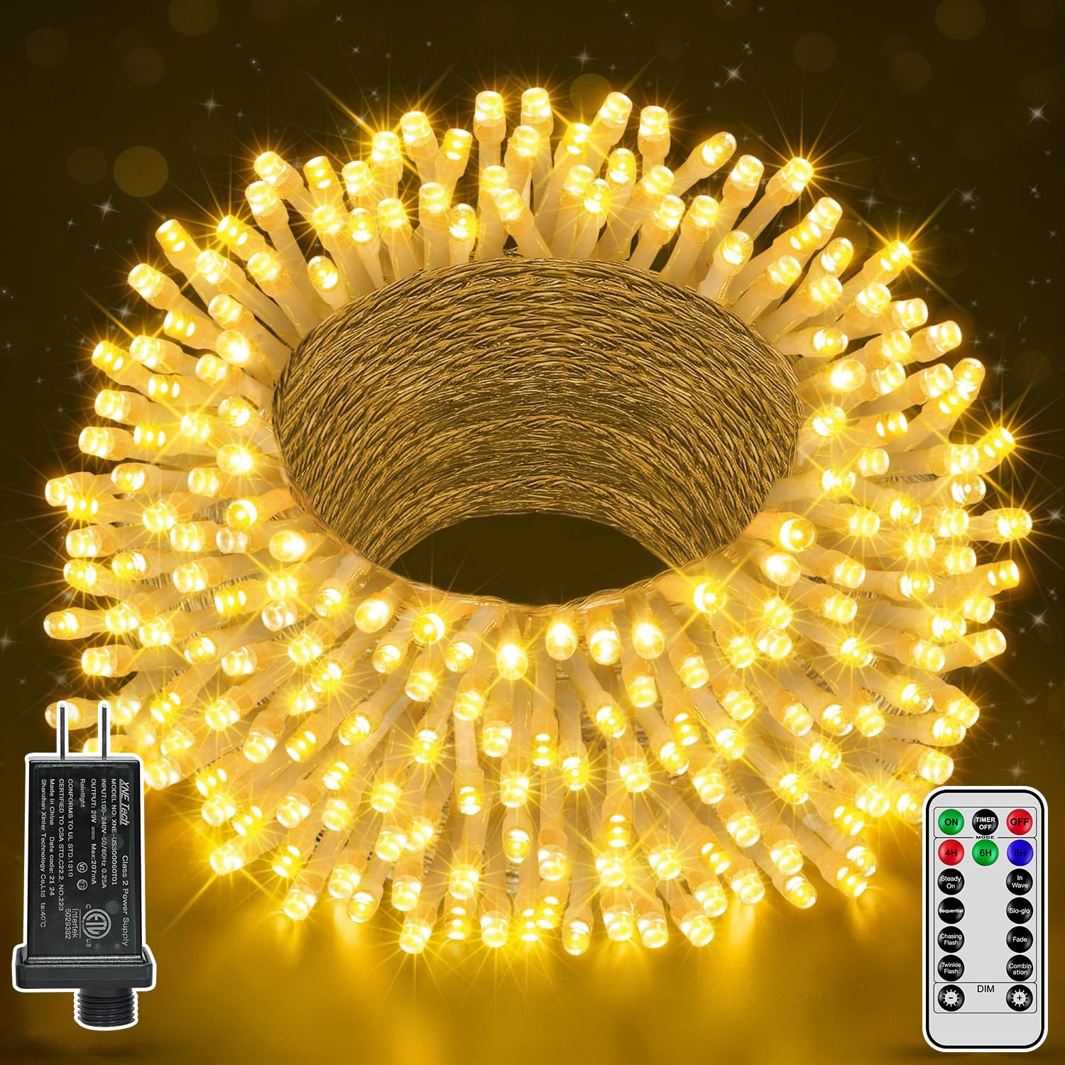 Shineshine 197FT 600LED Christmas Lights - Waterproof Outdoor String Lights with Remote & Timer, 8 Lighting Modes, Warm White Fairy Lights for Wedding, Xmas Party, Garden, Patio, and Indoor Decorations (HG-29V600C) - Perfect for Holiday, Christmas Tree, and Home Decoration