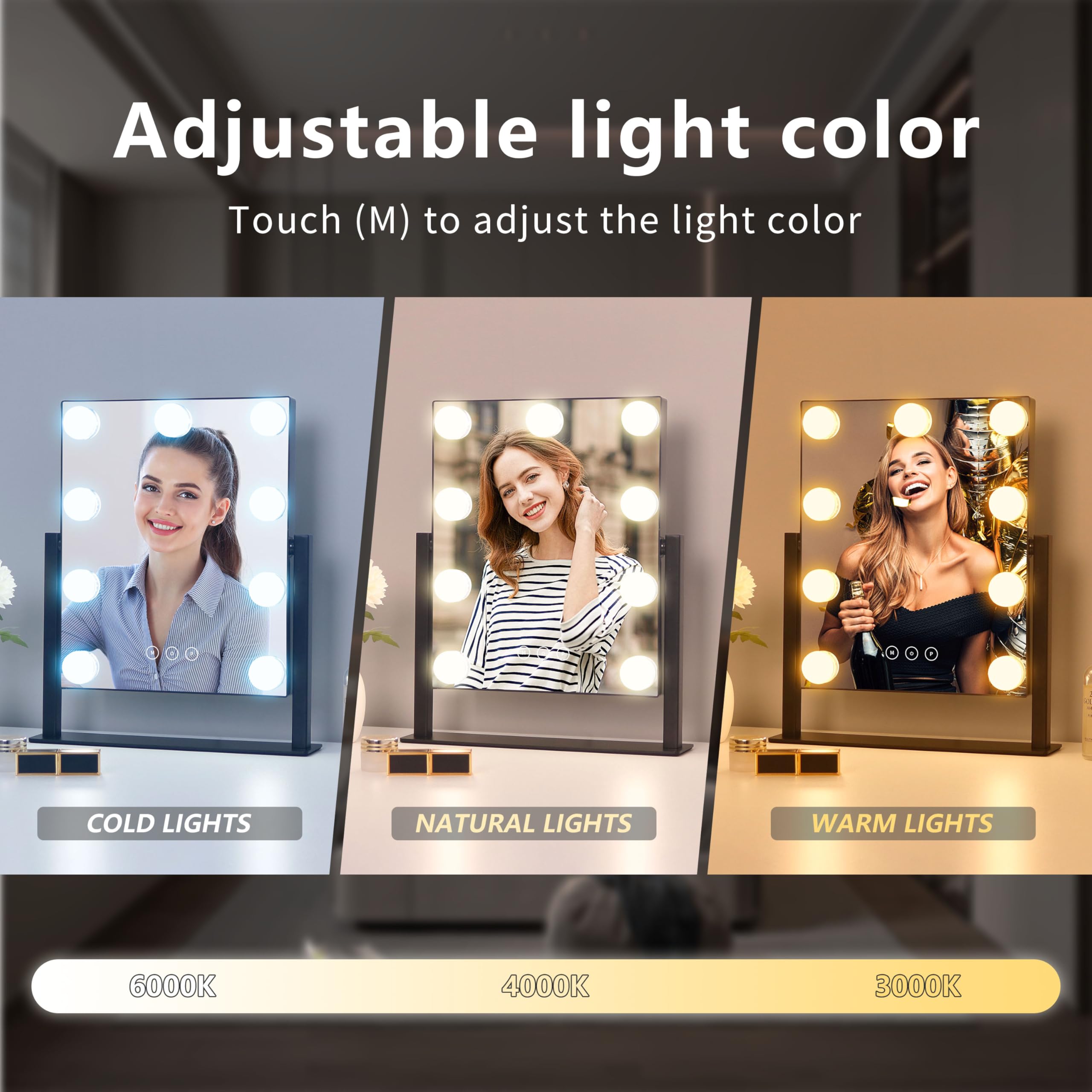 Hollywood Vanity Mirror with Lights - 9 Dimmable LED Bulbs, 3 Color Modes, 10X Magnification & 360° Rotation - Perfect for Makeup, Skincare & Hair Styling at Home