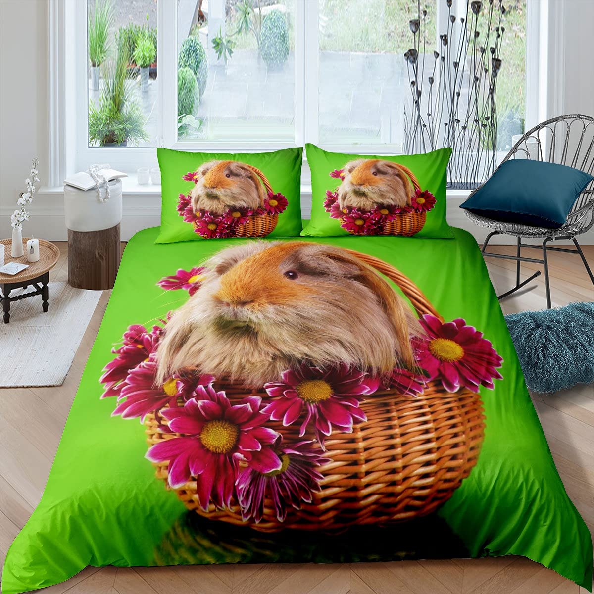 Erosebridal Guinea Pig Duvet Cover Twin Size - Red Floral Bedding Set for Kids, Boys & Girls | Cute Cavy Animal Print Comforter Cover with 1 Pillowcase | Pastoral Rustic Style Quilt Cover | Perfect for Kids' Rooms, Teen Bedrooms & Cozy Pet-Themed Decor