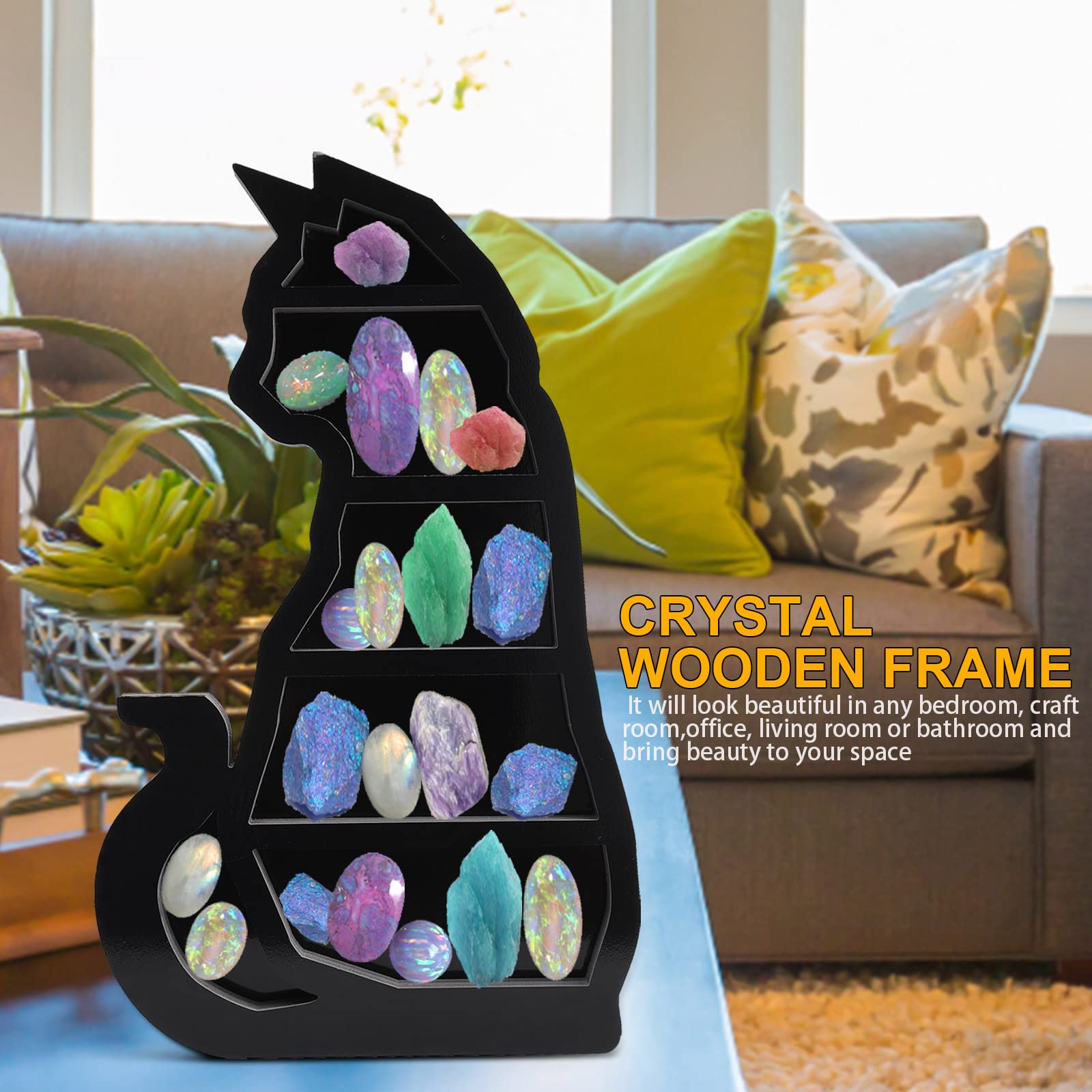 Moon Phase Crystal Shelf - Wooden Wall Mounted Jewelry Holder with Cat Design, Reversible Essential Oil Shelf for Living Room, Bedroom, Dining Room | Stylish Home Decor & Gift Idea