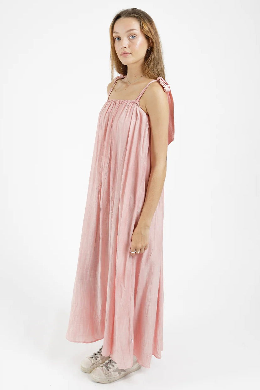 Bowie Pink Tie Shoulder Maxi Dress for Women - Elegant Long Sleeve Party Gown for Evening Events, Weddings & Special Occasions