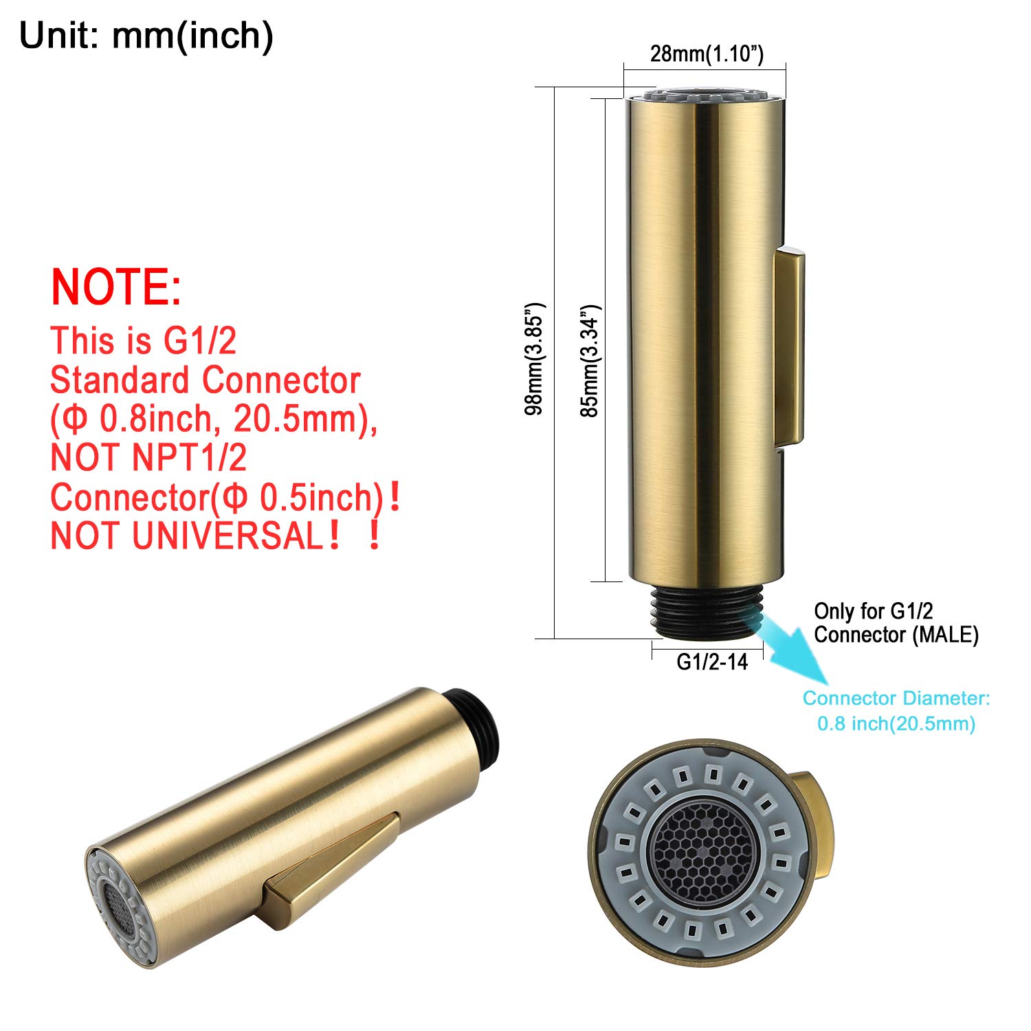 Premium Pull Down Kitchen Faucet Sprayer Head - 2-Function Switch, Brushed Gold Finish, 1.8 GPM Flow Rate, 0.8 inch Male Connector (US Standard) - Perfect for Sink Upgrades & Modern Kitchen Renovations