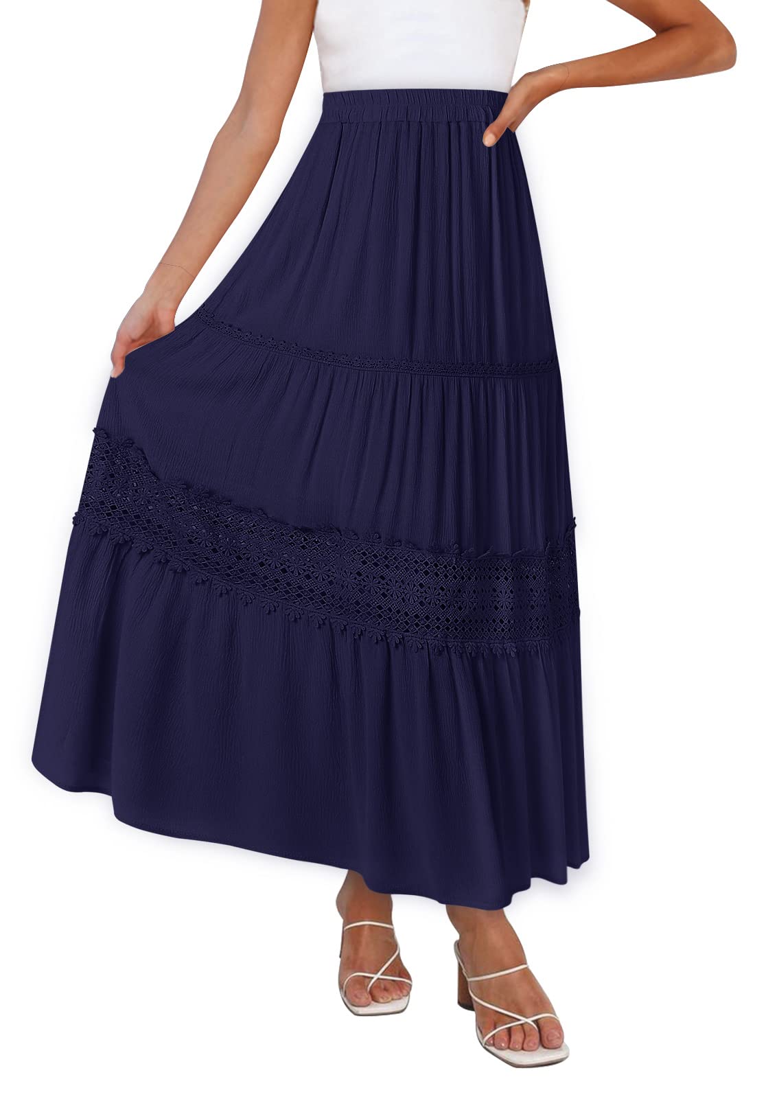 MEROKEETY Women's Boho Elastic High Waist Pleated A-line Ruffle Lace Trim Tiered Midi Maxi Skirt with Pockets - Perfect for Casual Outings, Beach Vacations & Boho Fashion Styles