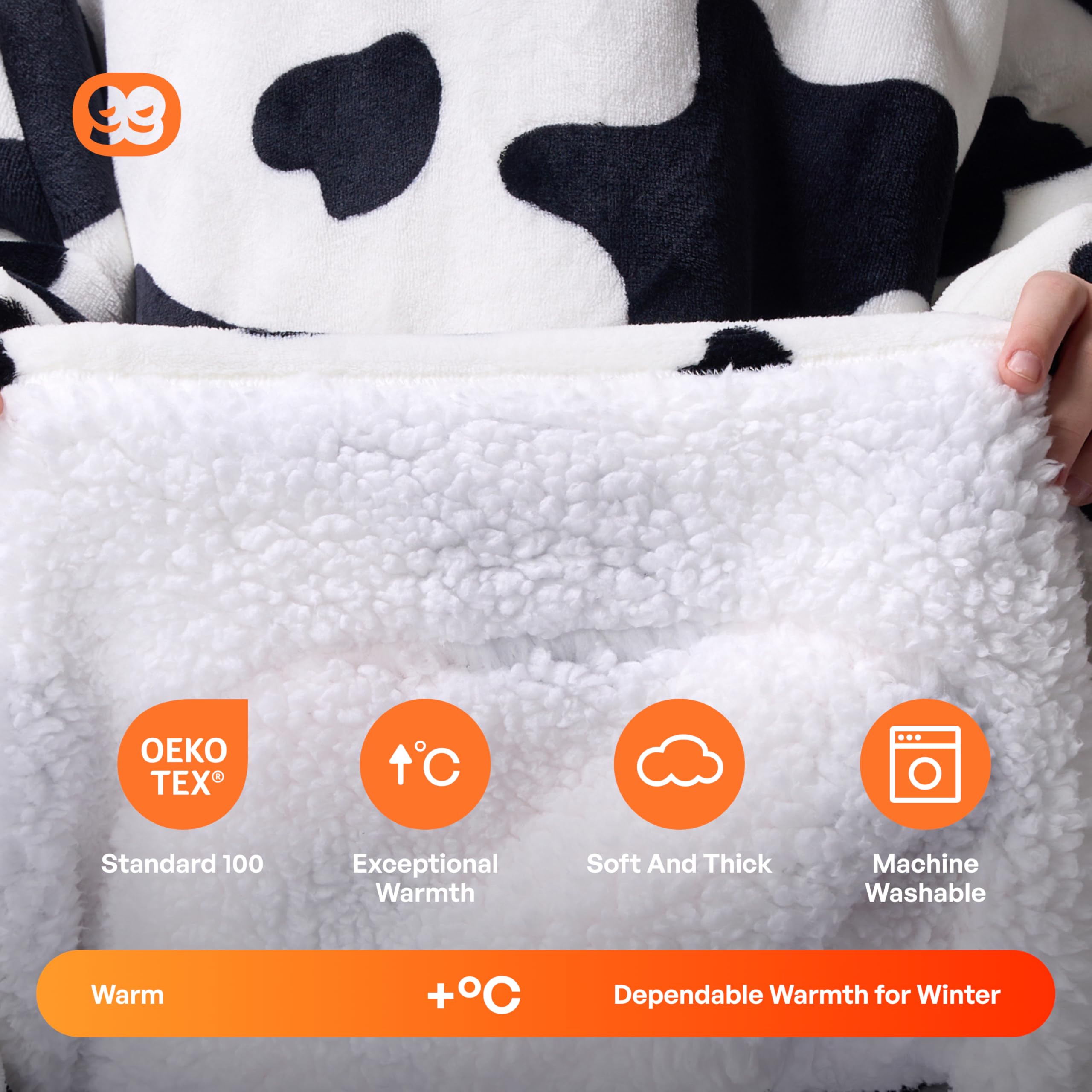 Giggling Getup Cow Wearable Blanket Hoodie - Oversized Soft Sherpa Fleece Hooded Blanket with Giant Pocket - Warm Plush Flannel Blanket Sweatshirt for Kids & Adults - Perfect for Winter Nights, Movie Time and Family Snuggles