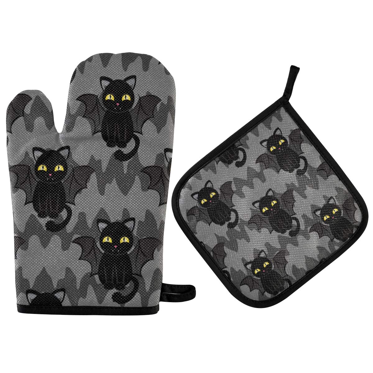Halloween Black Cat Bat Wings Oven Mitts & Pot Holders Set - Cute Heat Resistant Non-Slip Kitchen Accessories for Cooking, Baking, BBQ - Perfect for Halloween Decor & Holiday Gift Giving