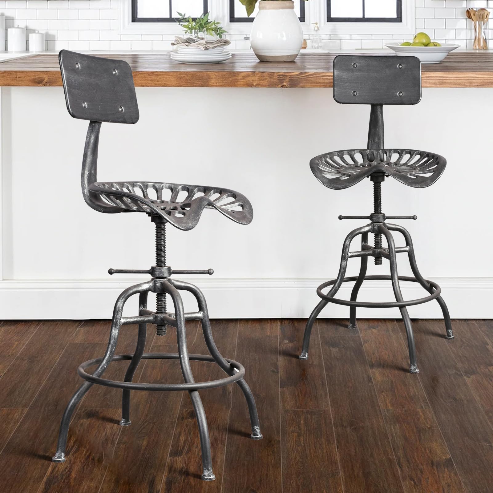 Industrial Farmhouse Bar Stool - Adjustable Tractor Saddle Chair with Backrest (22-27 Inch Height) - Durable Metal & Cast Iron Counter Stool for Kitchen, Bar, Restaurant & Home Decor - Silver Finish