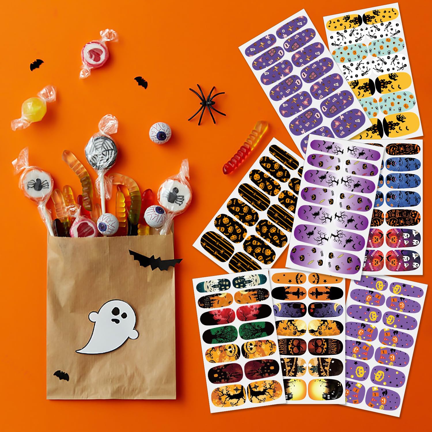 WOKOTO Halloween Nail Art Stickers - 12 Sheets Gel Nail Polish Strips with Spider, Ghost, Pumpkin & Skull Designs | Full Nail Wraps for DIY Manicures | Perfect for Halloween Parties, Costume Events & Spooky Nail Art